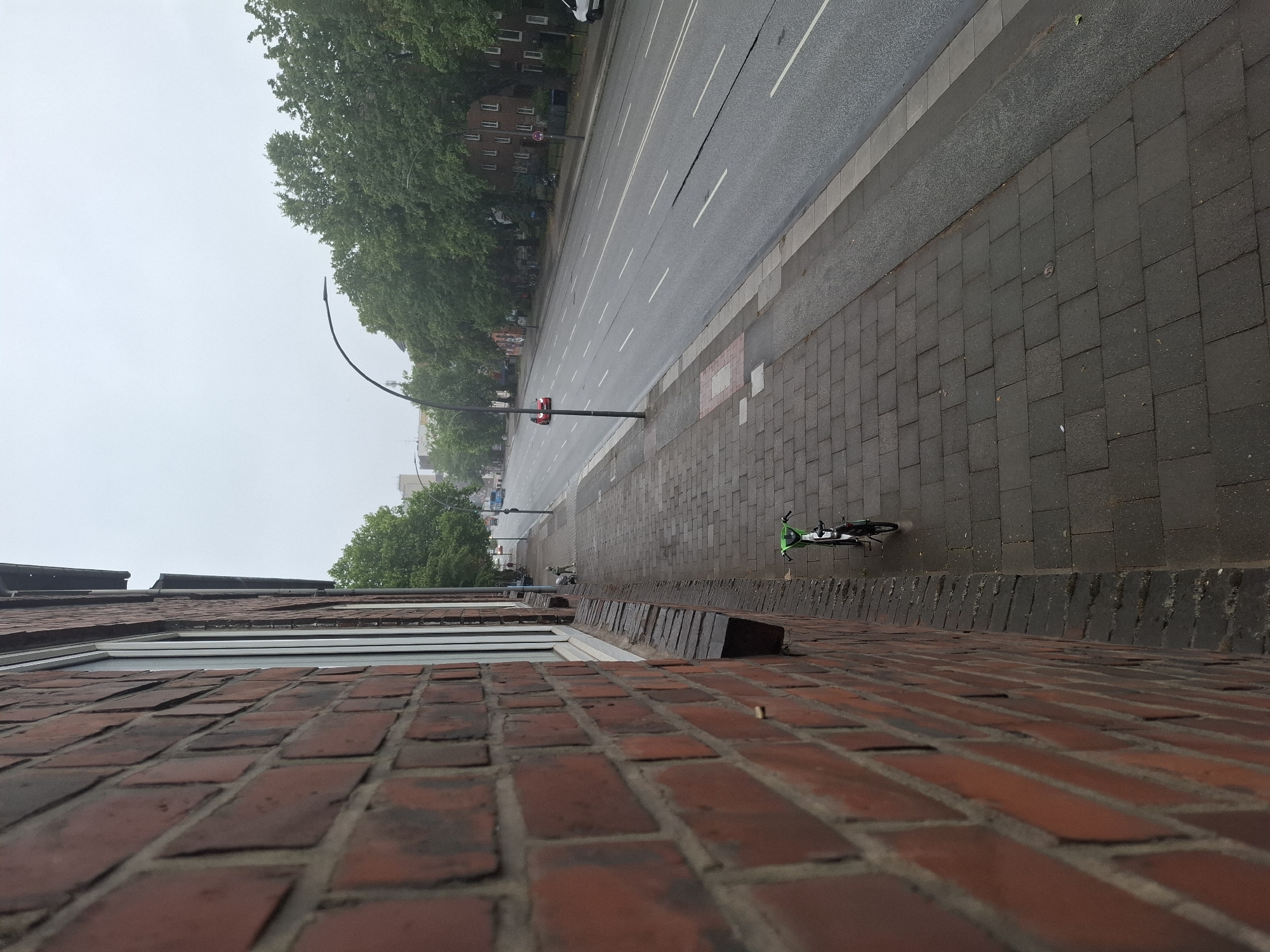 Rainy morning on a Hamburg balcony, geraniums and street views