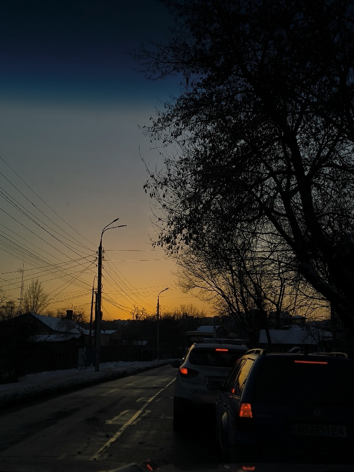 Winter twilight scene captured on Vinnytsia street