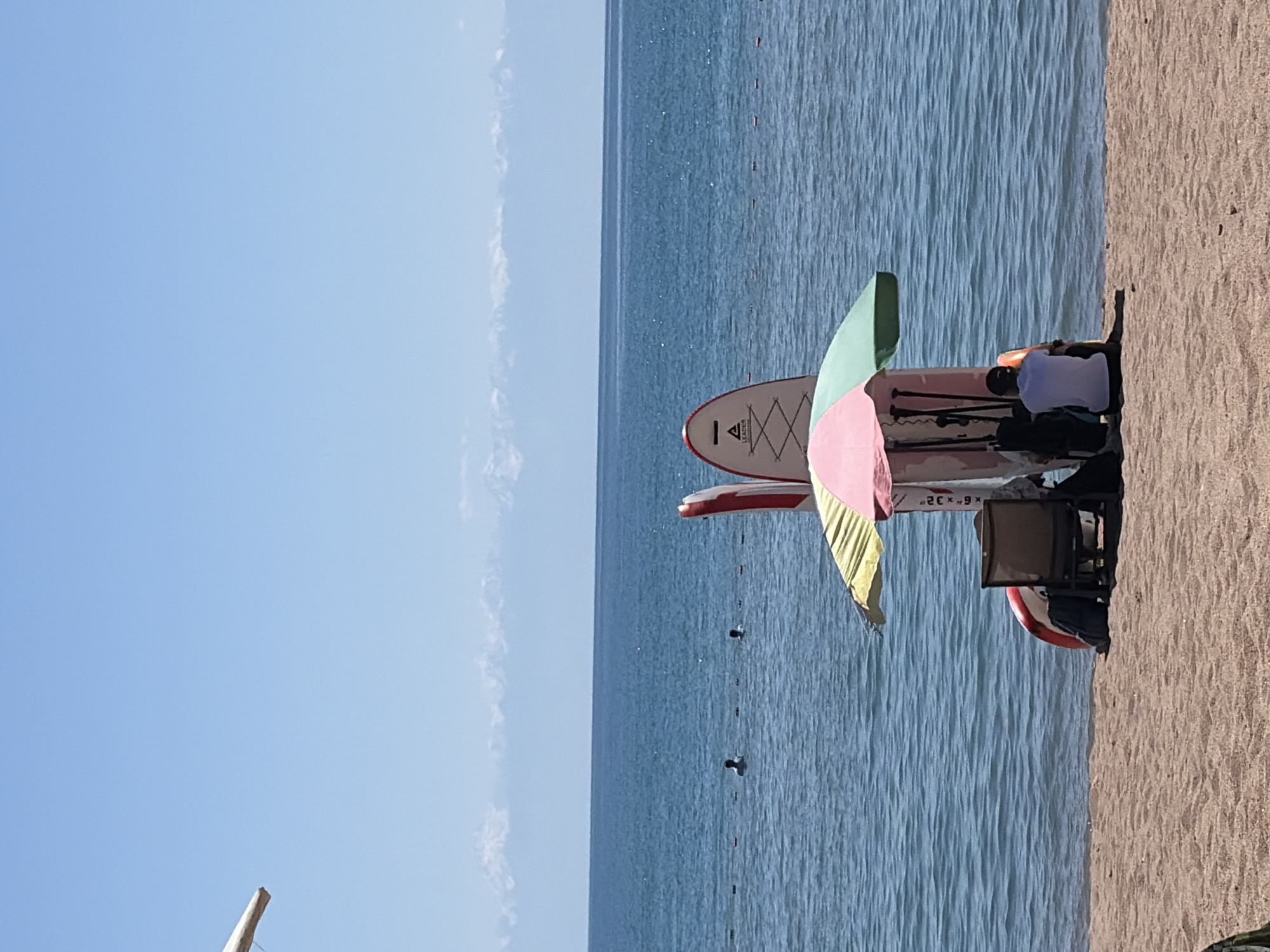 Lively beach day: parasailing, paddleboarding, and shoreline vendors