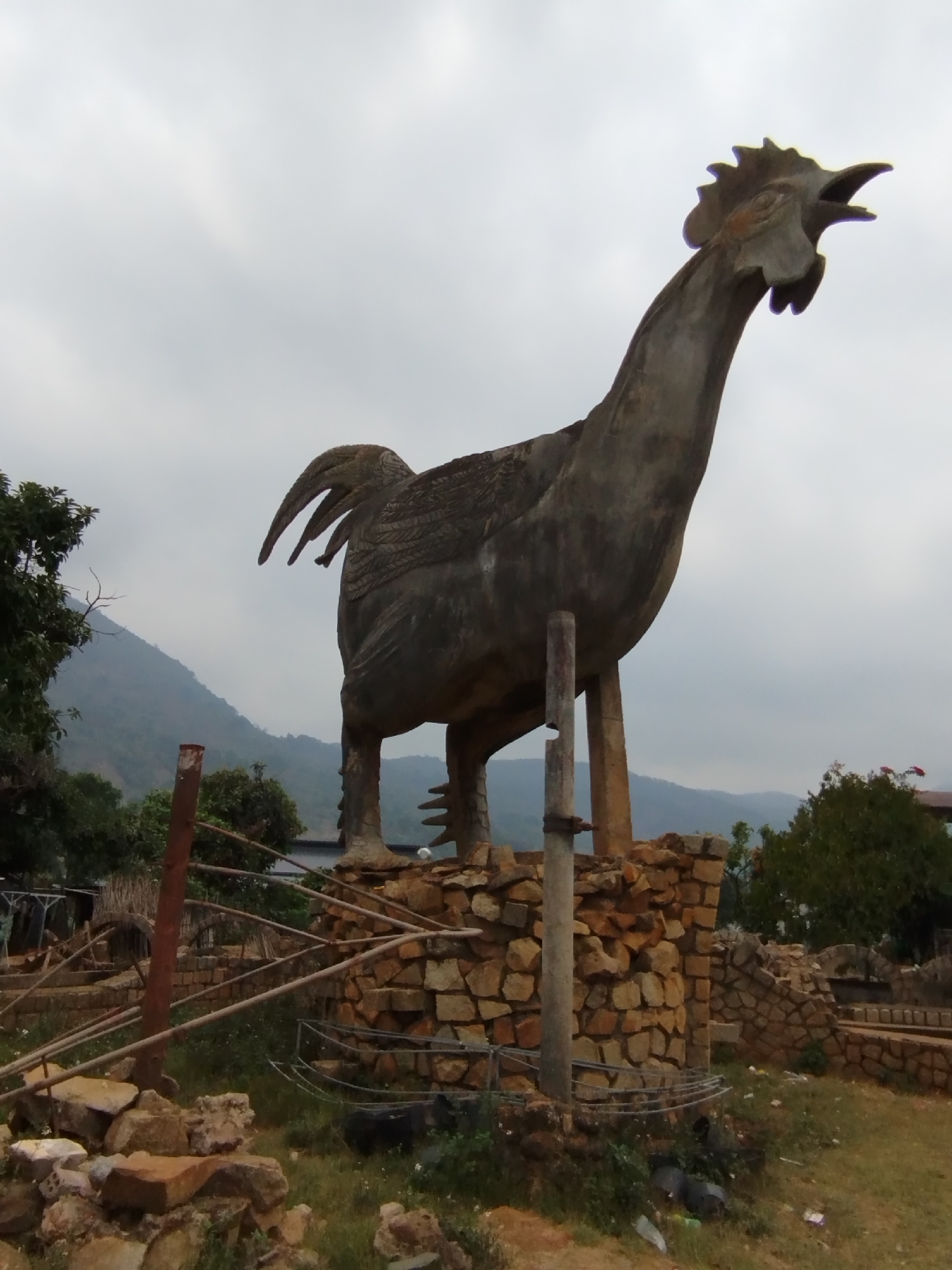 Village life documented in Đarahoa, Vietnam with rooster statue