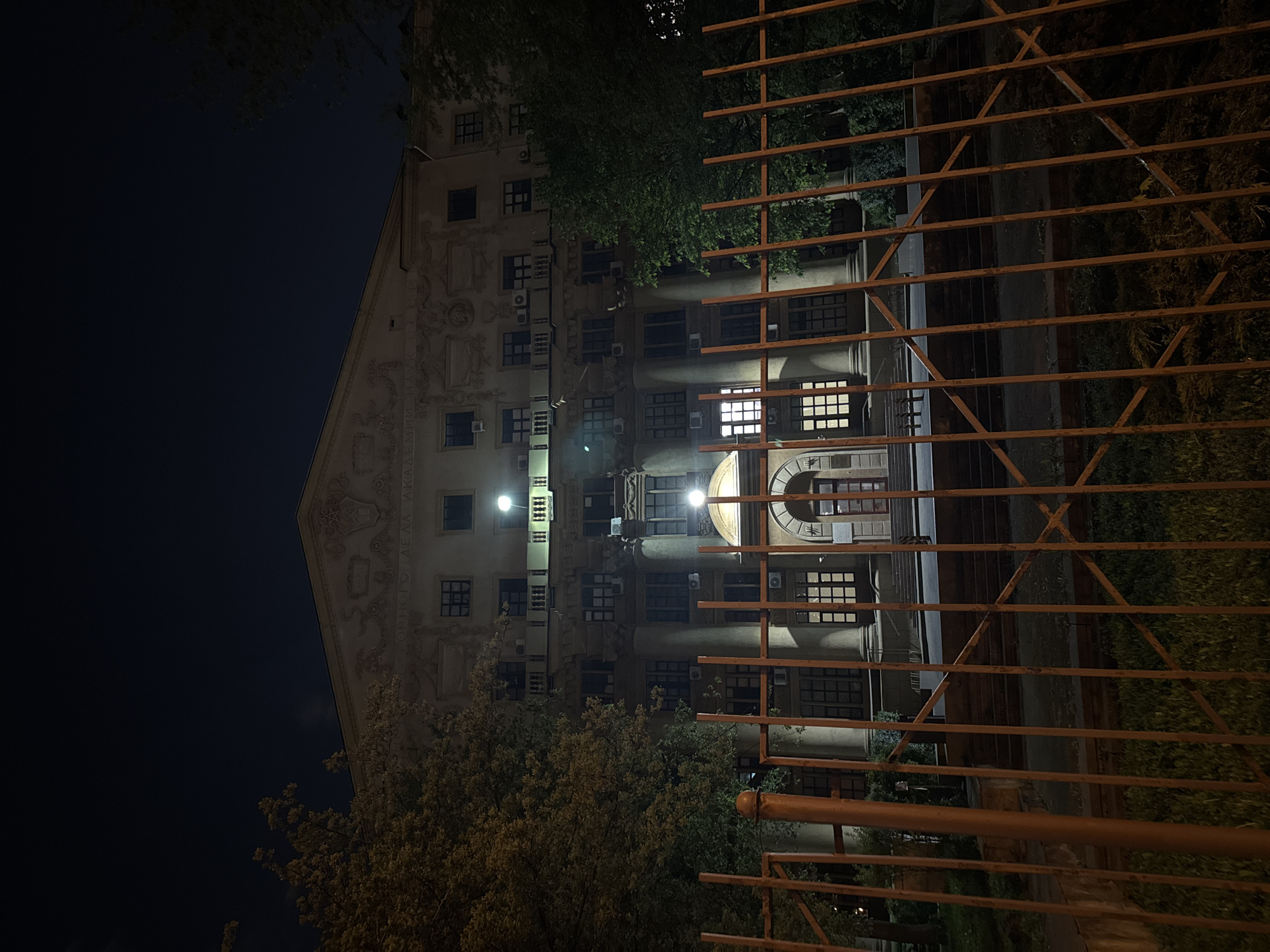 Man poses with outstretched arms near gated Moscow building