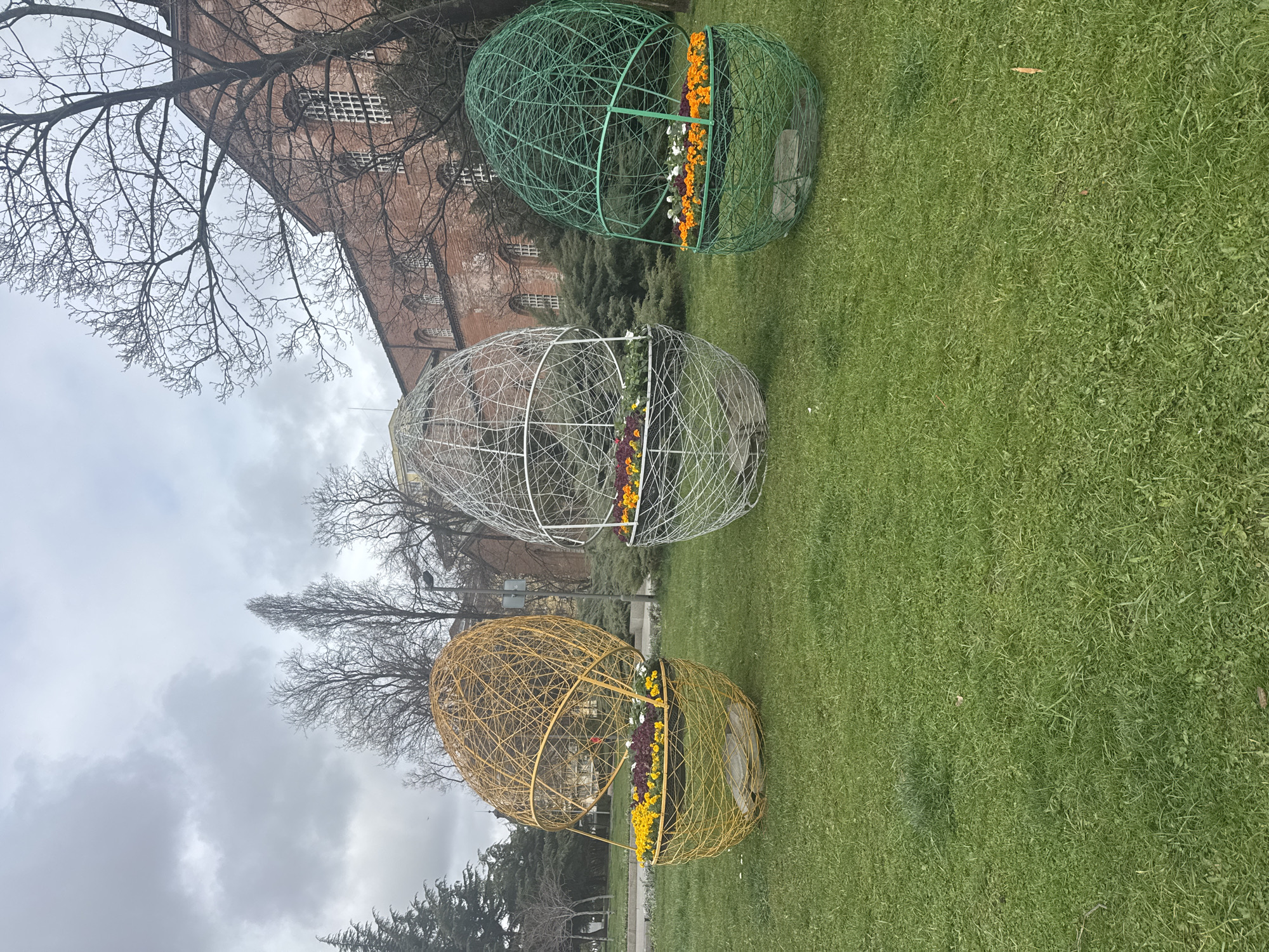 Decorative colored spheres displayed on Sofia lawn