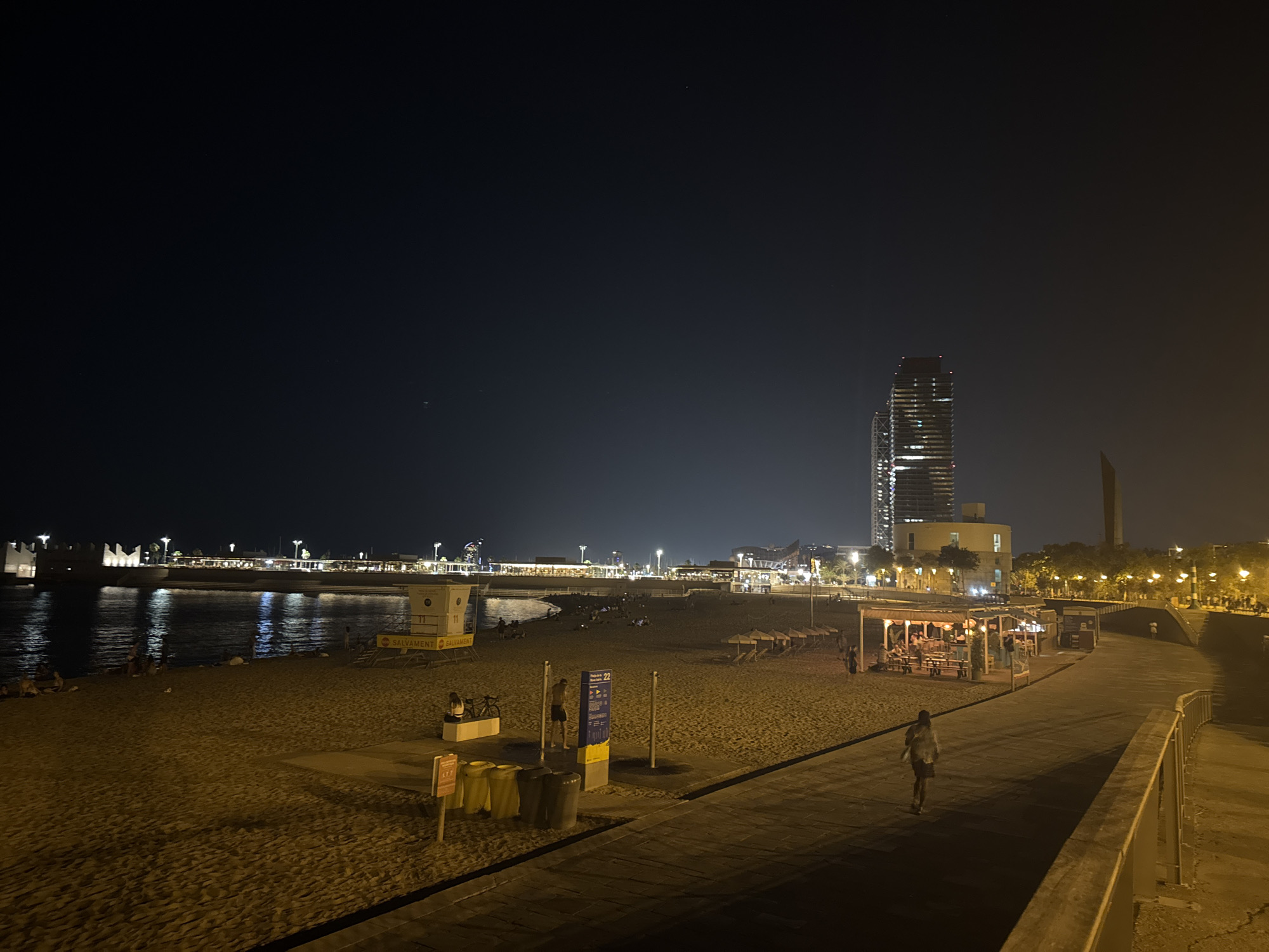 Full moon night on a quiet Barcelona beachfront