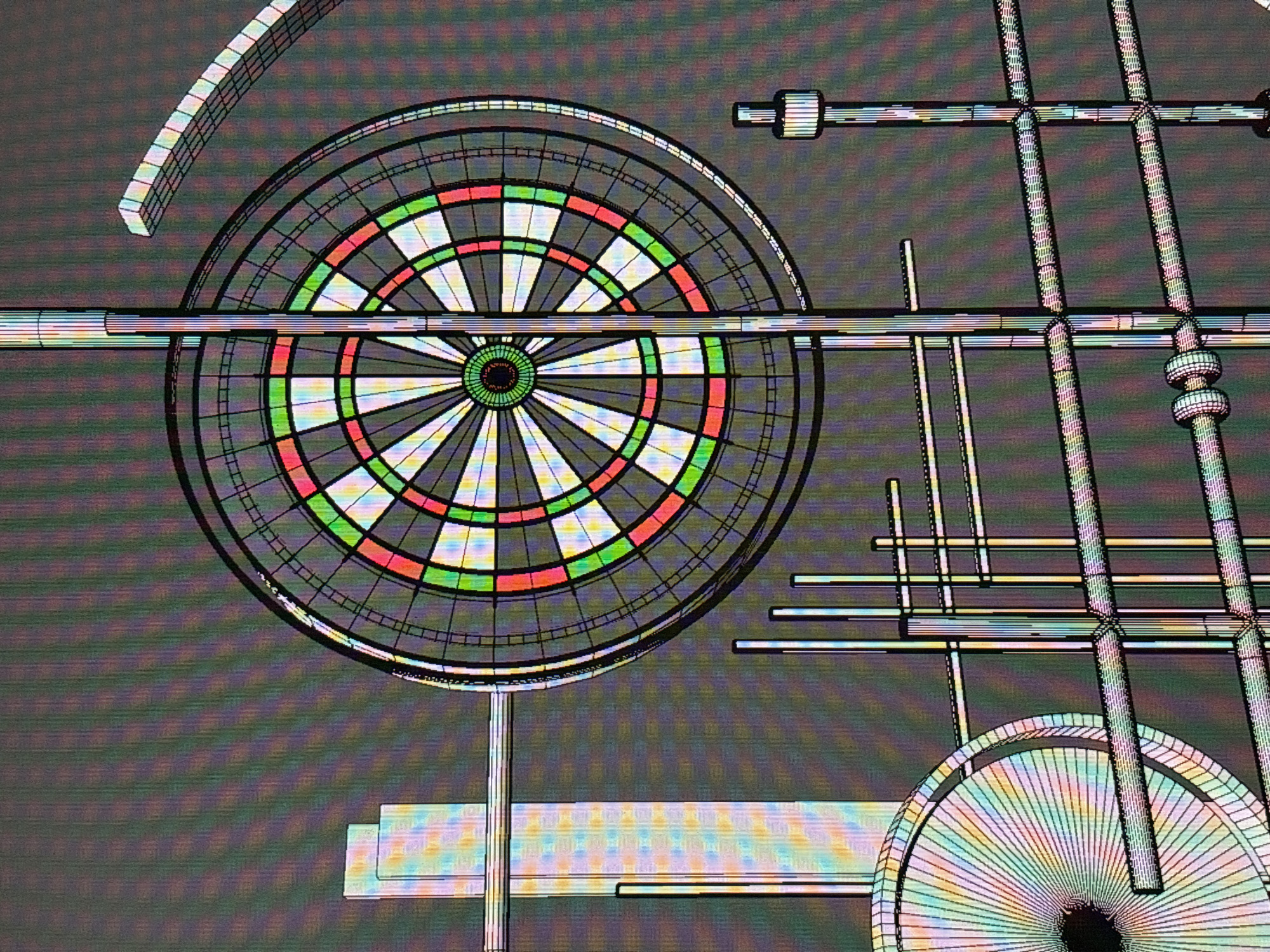 Digital art images captured: dartboard wireframe, hands with flowers