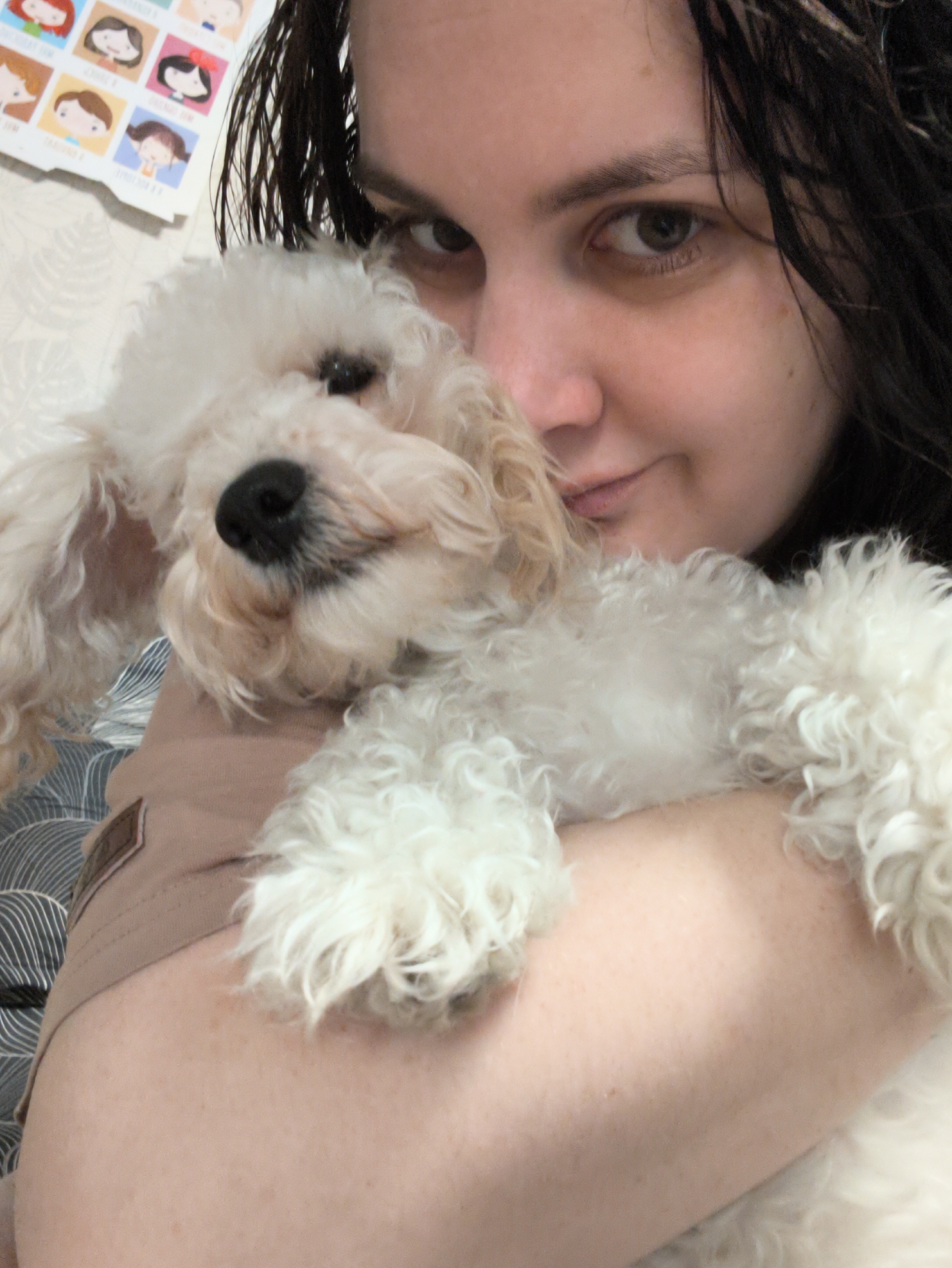 Woman documents morning routine with pet in Russian home