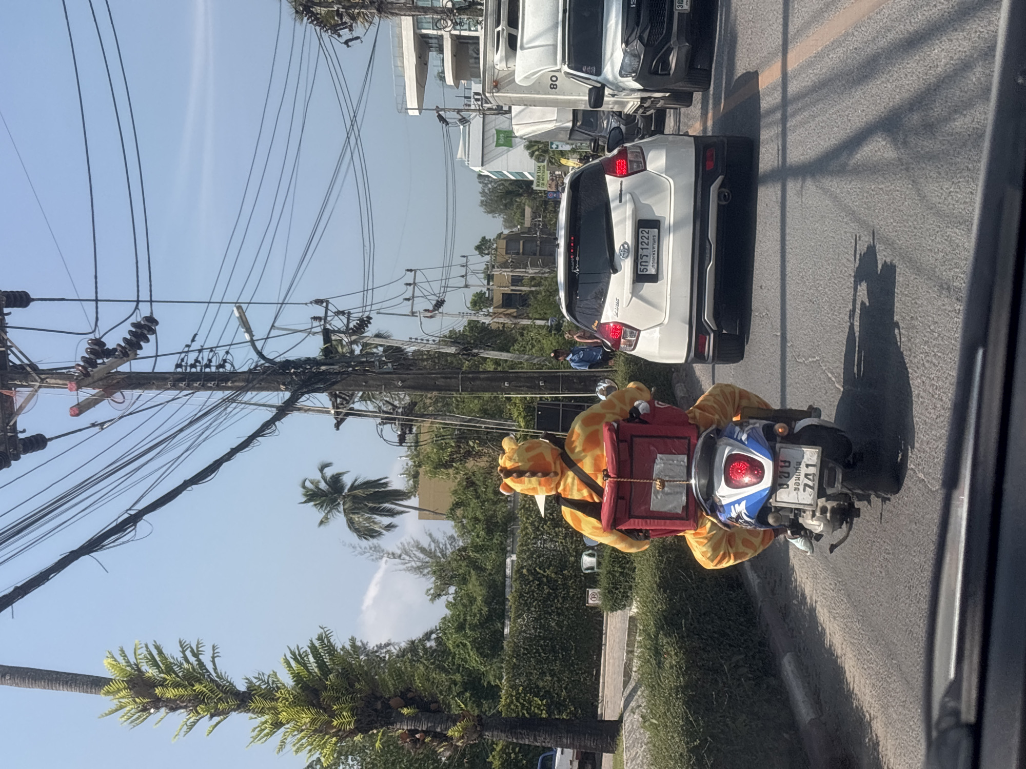 Giraffe-costumed delivery rider spotted on motorcycle in Thailand