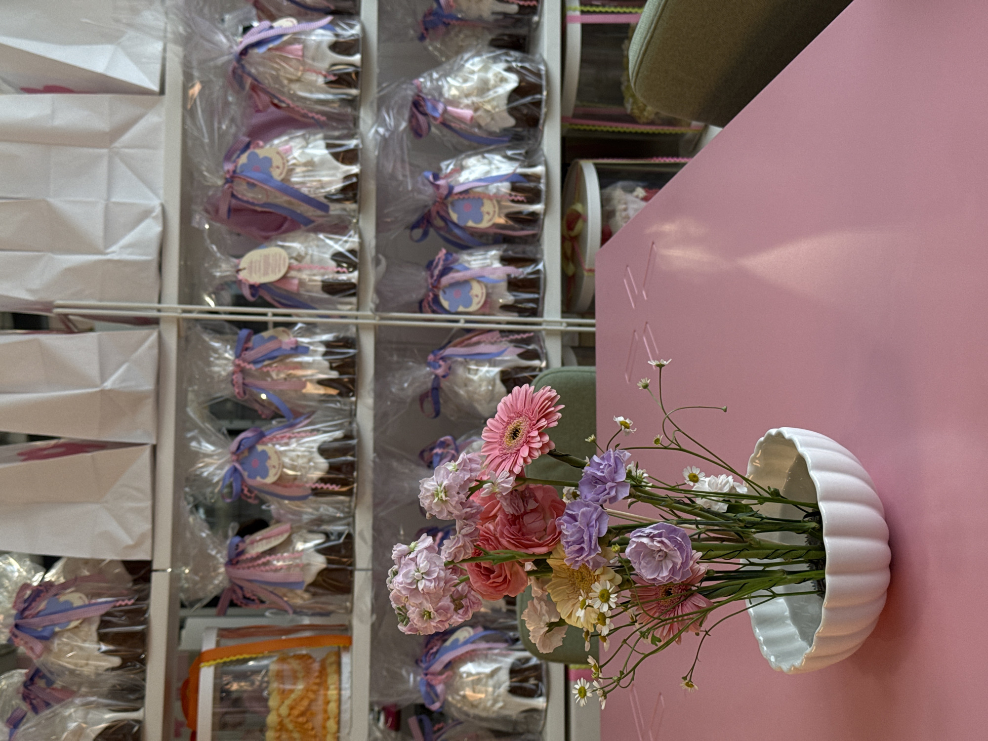 Flower bouquet displayed at Moscow bakery counter