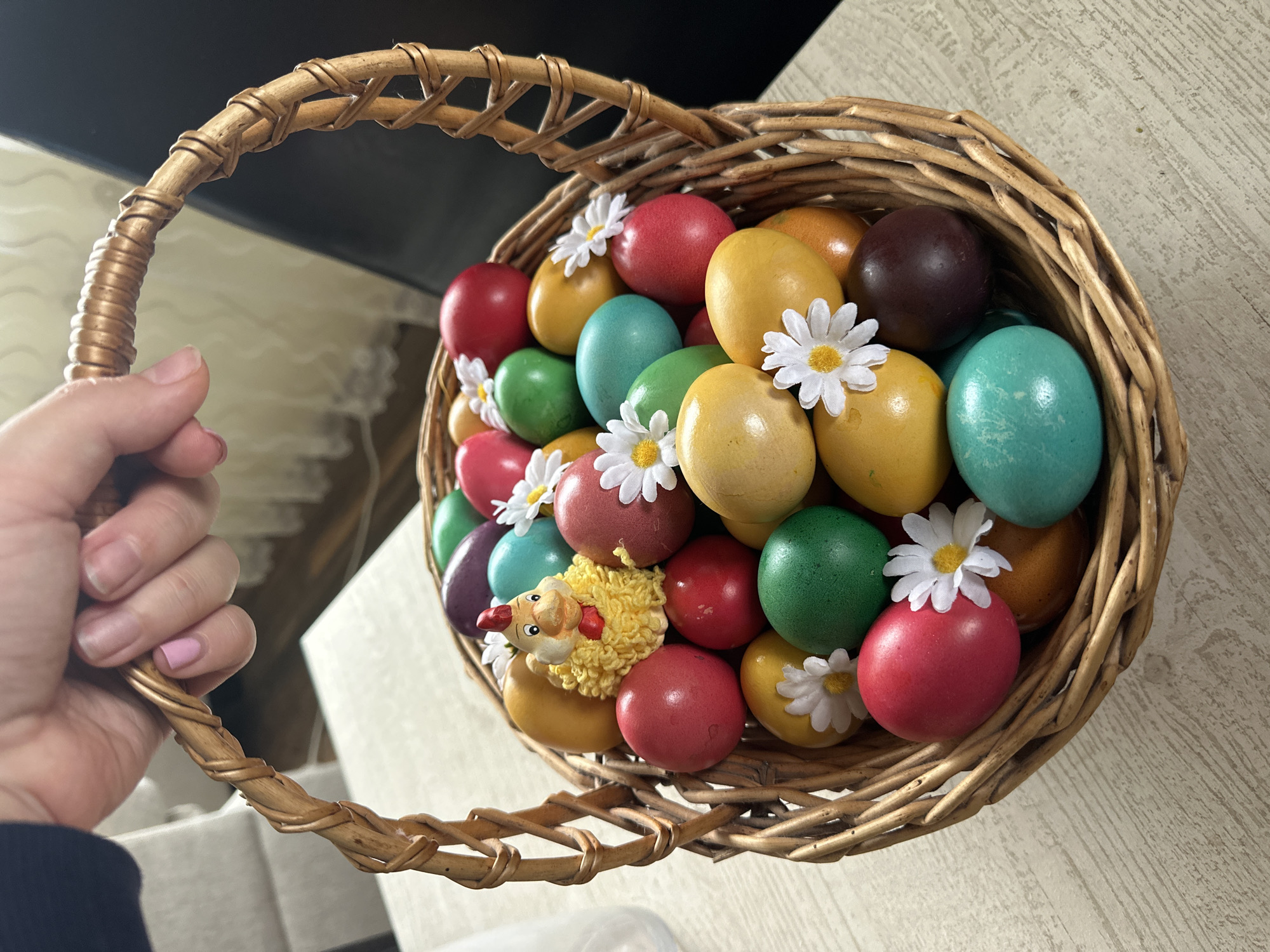 Easter basket with colorful eggs observed in Bryastovets, Bulgaria