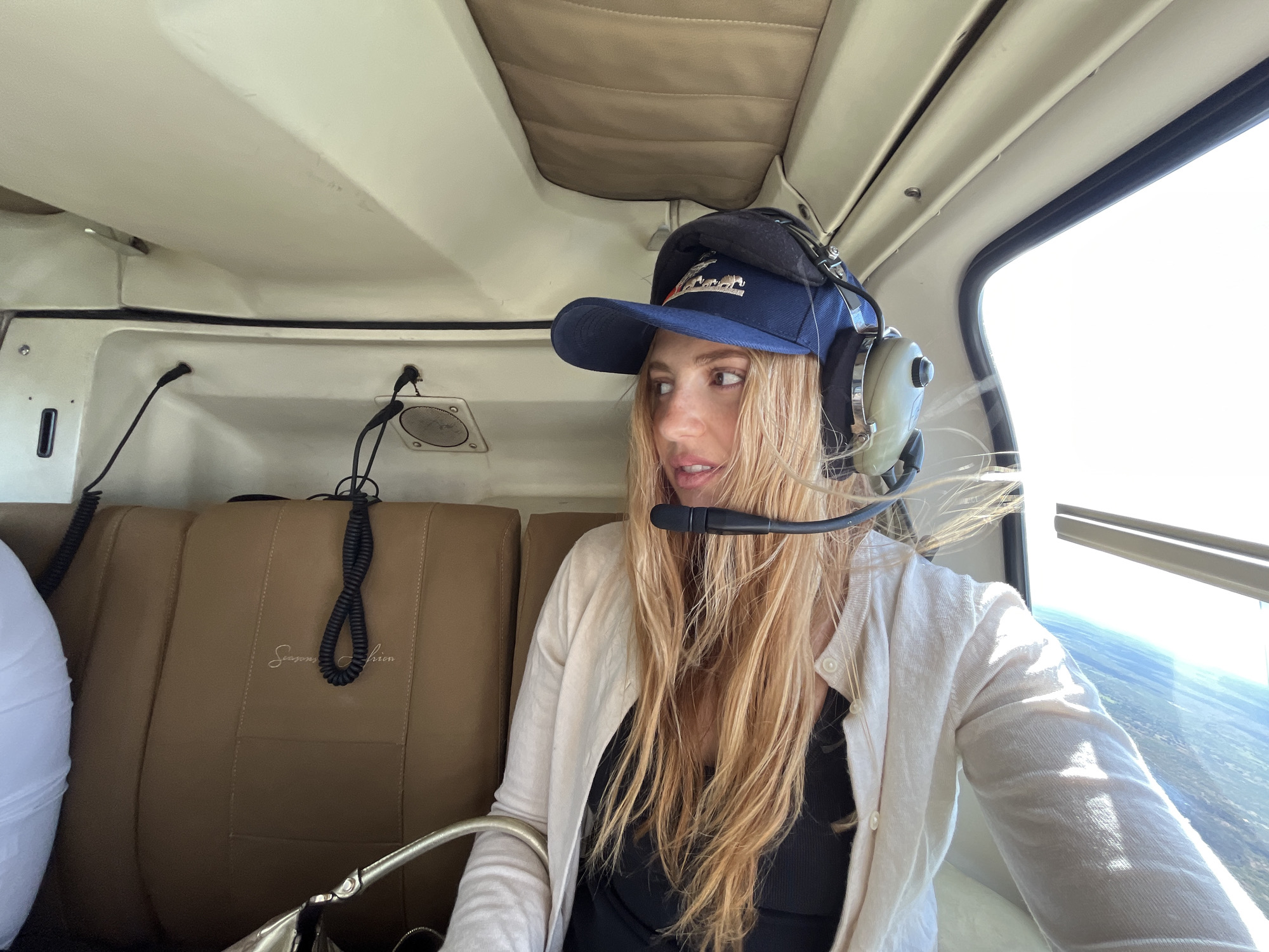 Woman photographed in aircraft cockpit near Livingstone, Zambia