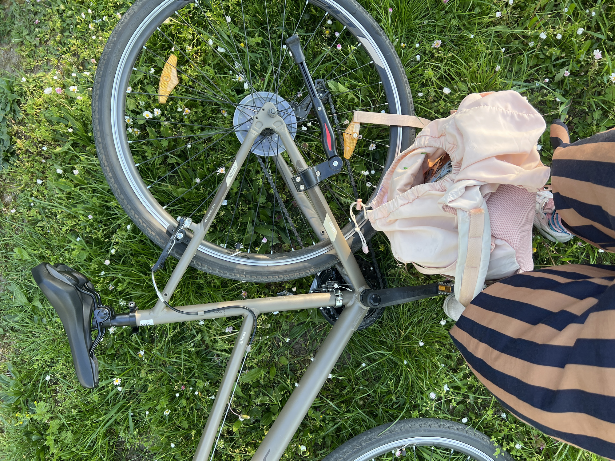Person rests with bicycle in flowery field, Serbia