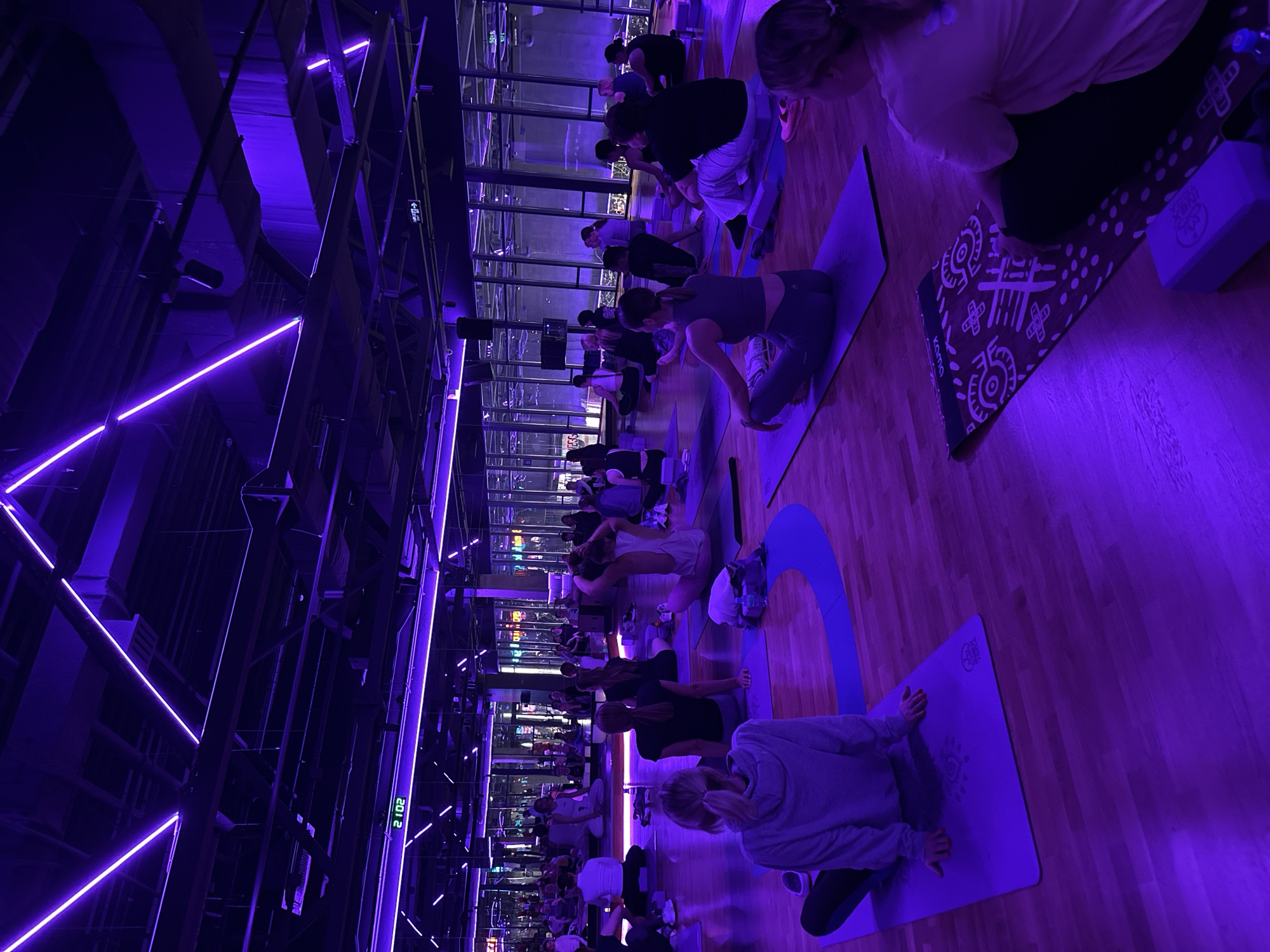 Large yoga class held in purple-lit Murino studio