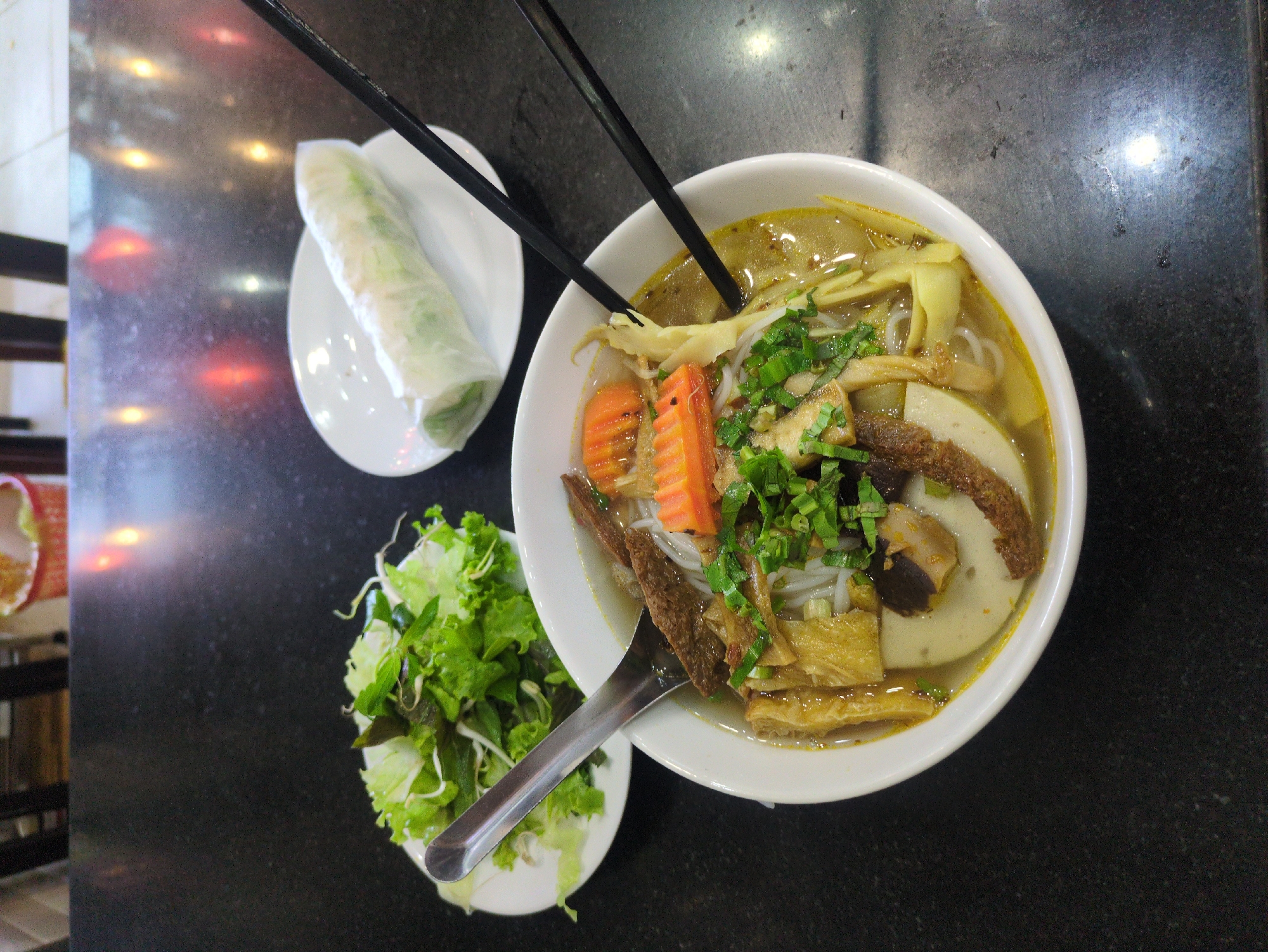 Vietnamese vegetarian noodle soup photographed in Quy Nhon