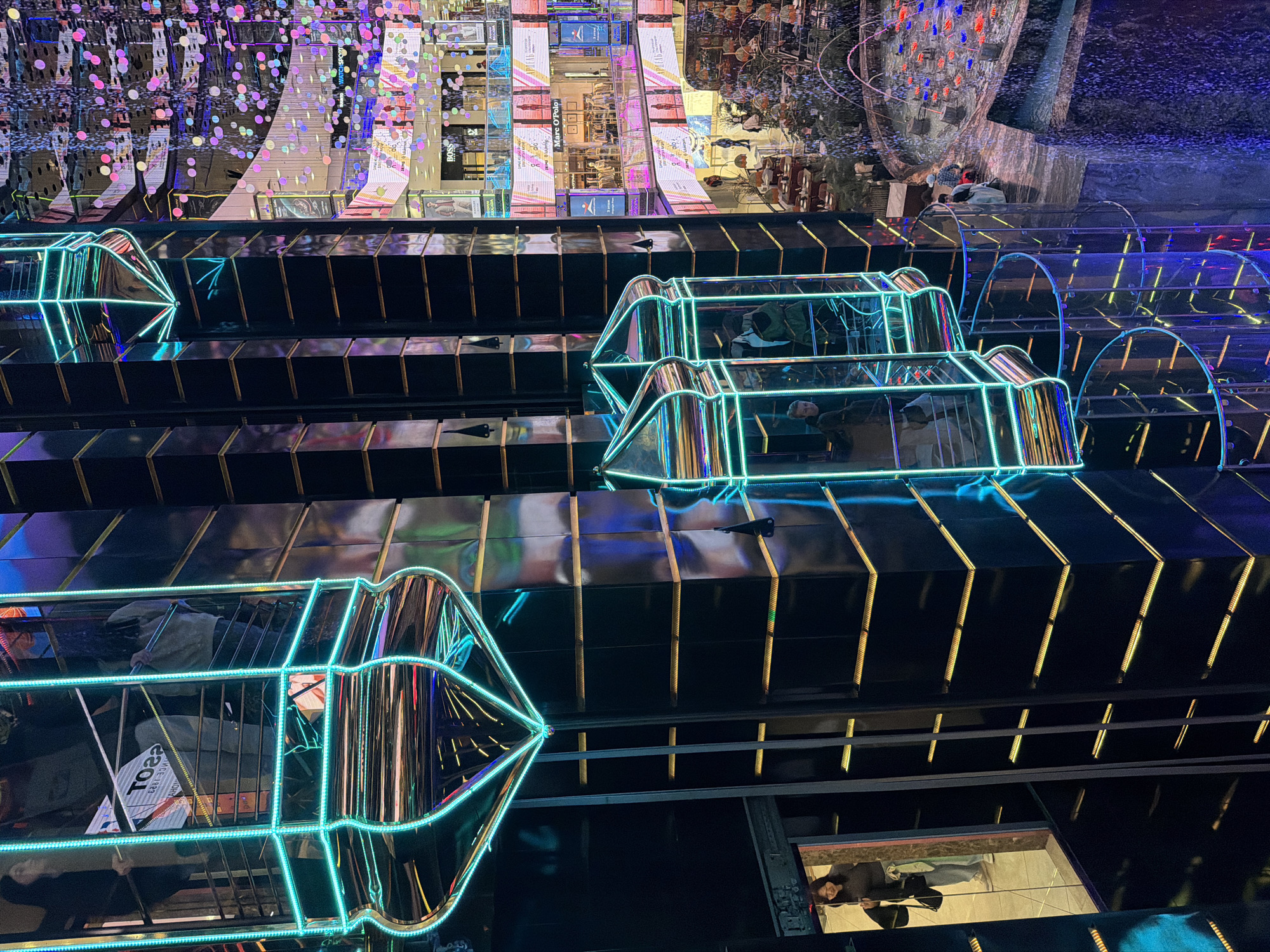 Modern Moscow interior space captured with neon-lit black architecture