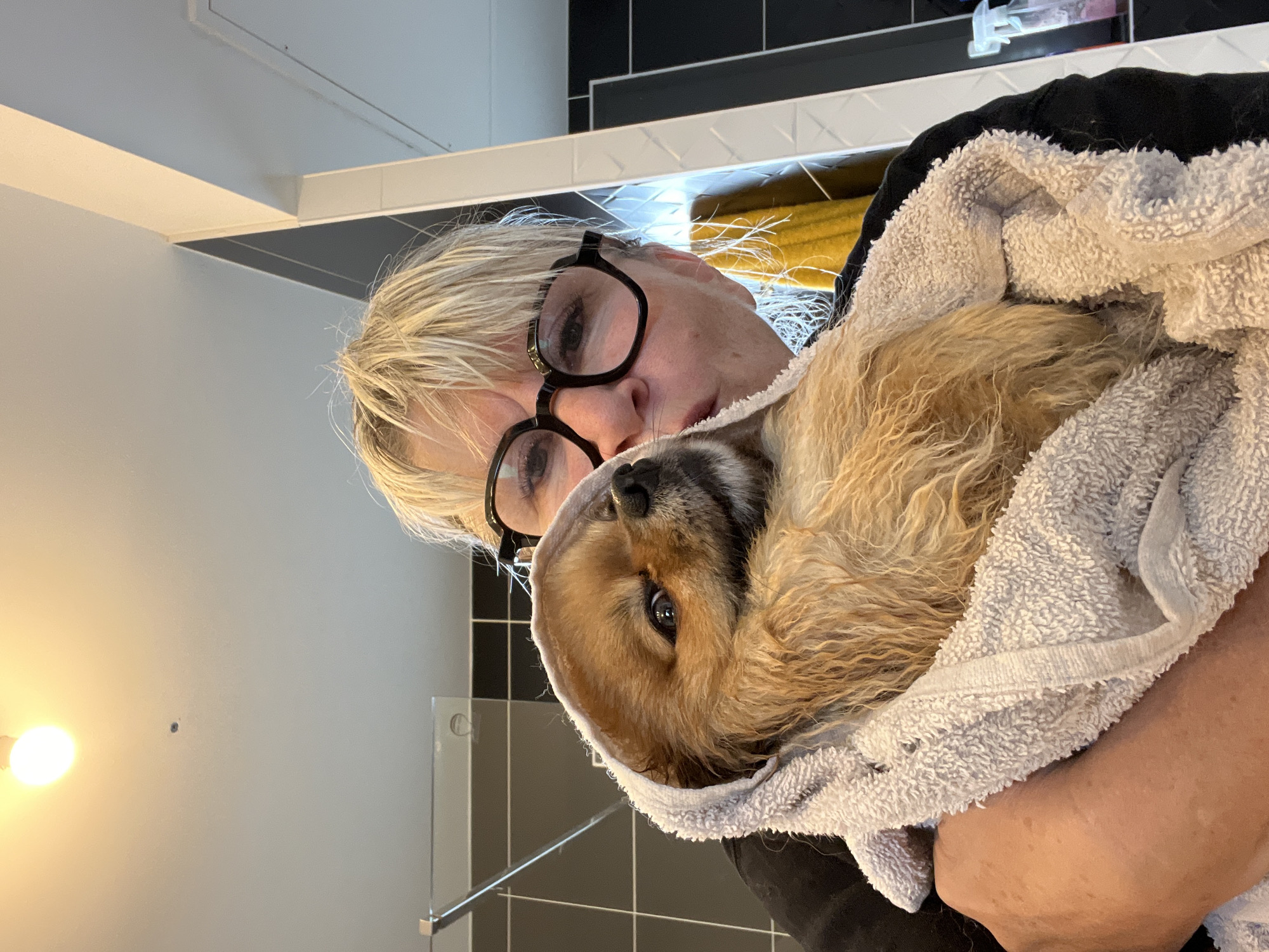 Woman bathes Pomeranian dog in Chambœuf bathroom