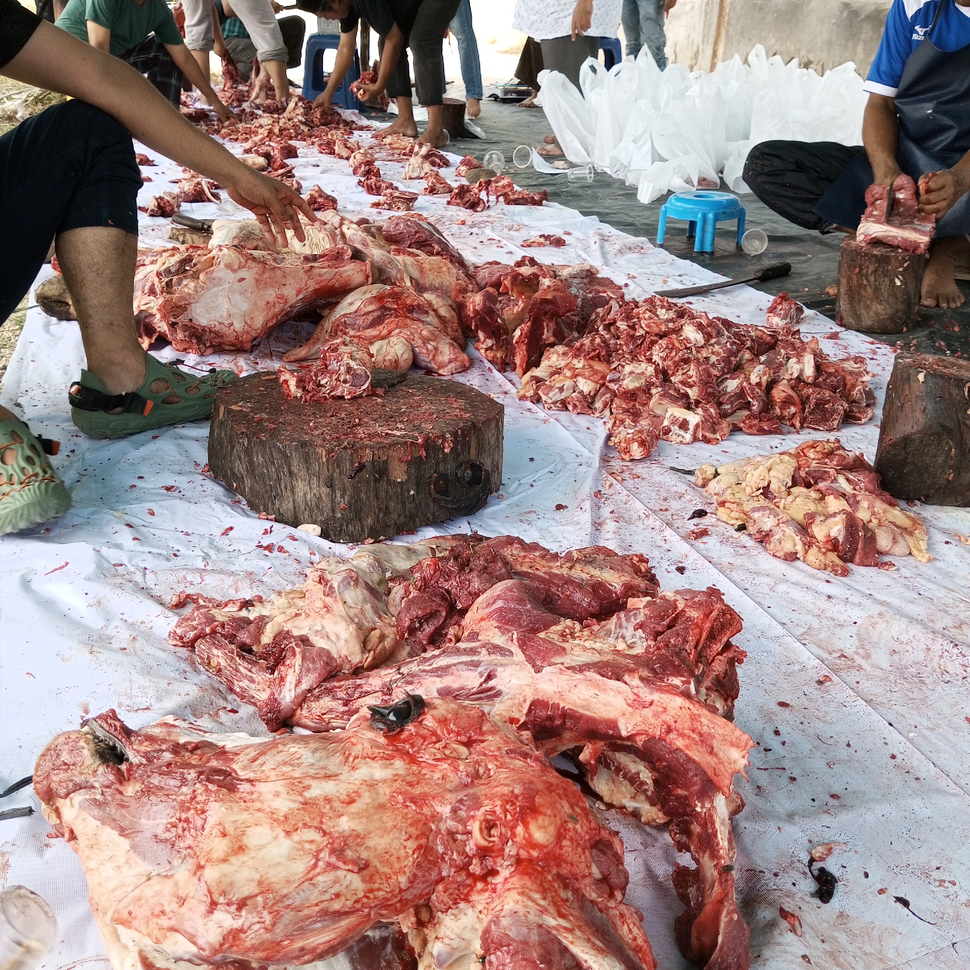 Early morning meat processing operation documented in Lhokseumawe, Indonesia