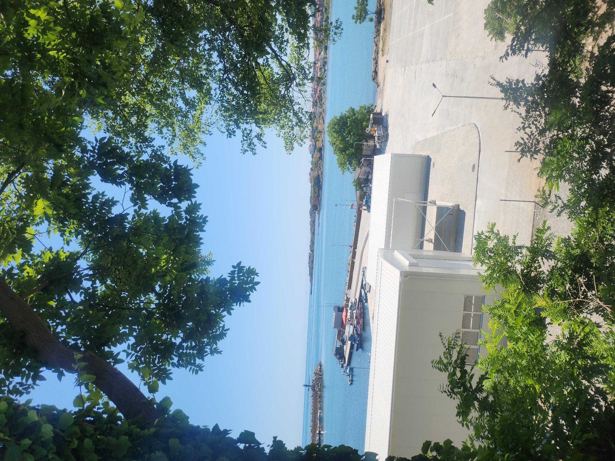 Tsarevo harbor views through summer greenery, Black Sea coast