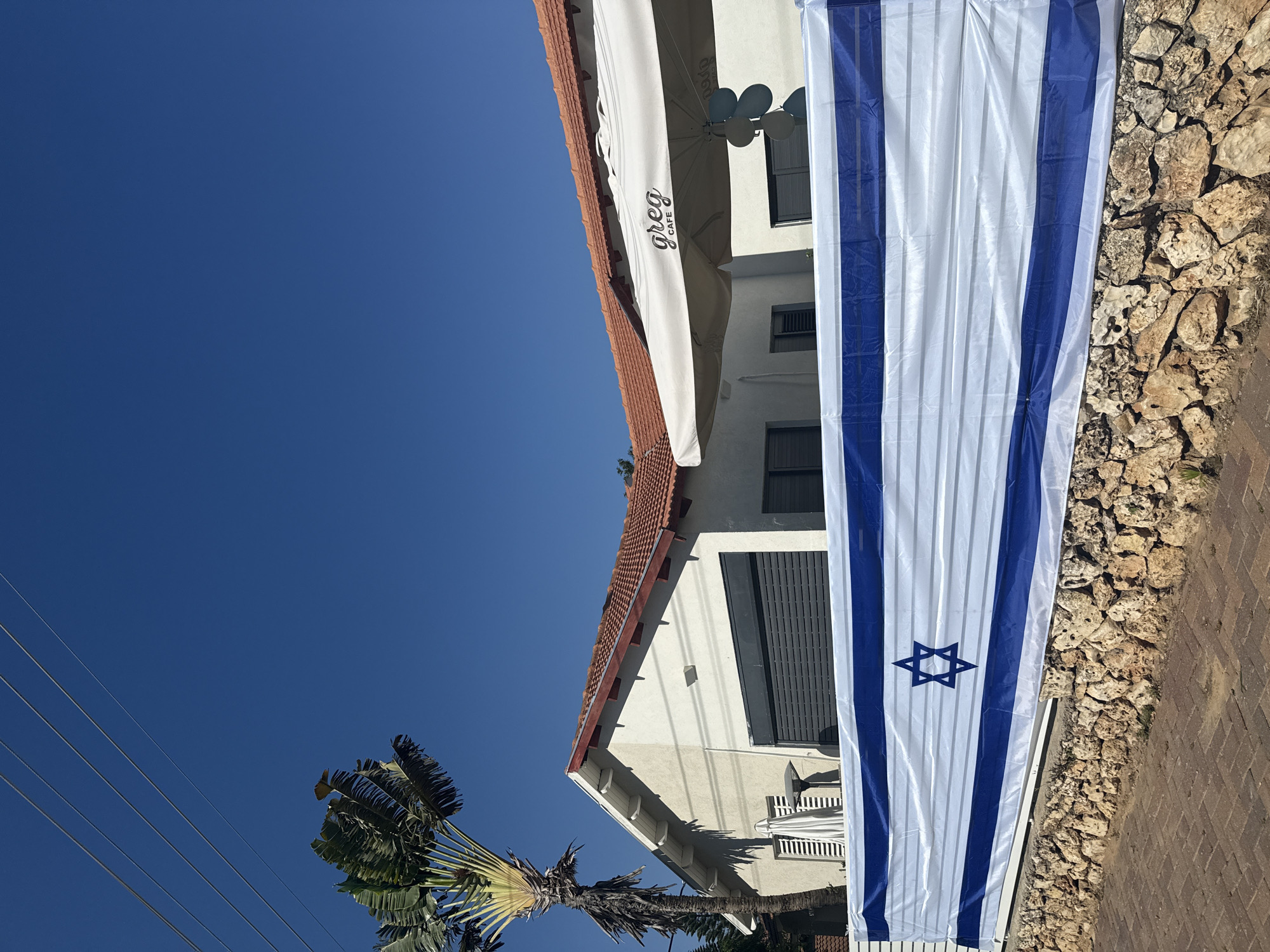 Israeli flags displayed on commercial building in Raanana