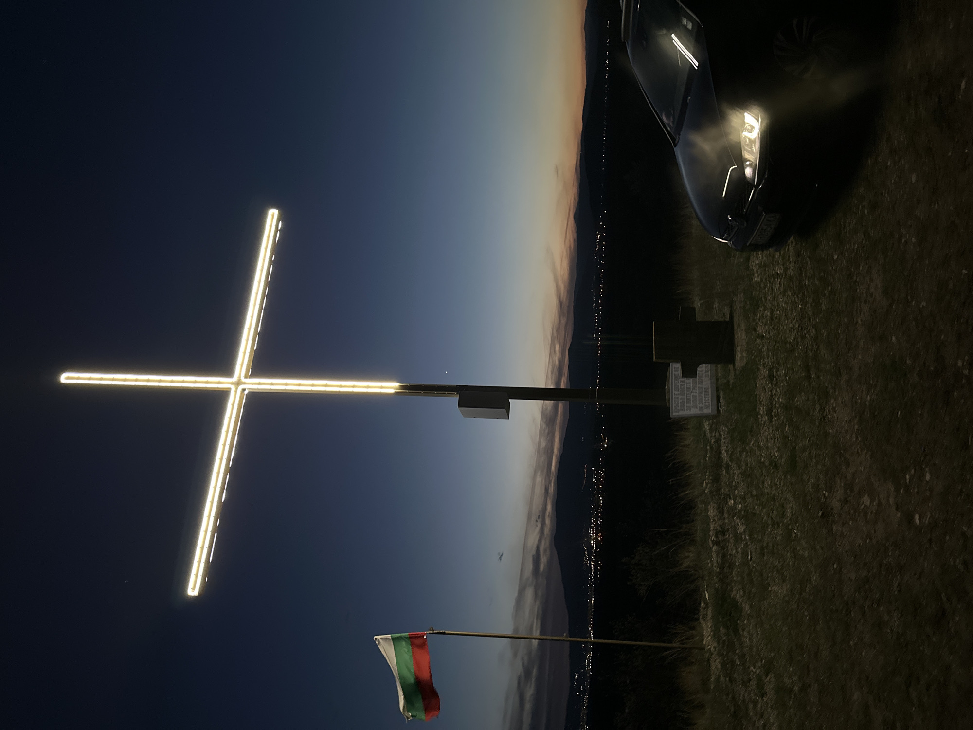 Illuminated cross spotted on hilltop in Dolna Grashtitsa, Bulgaria