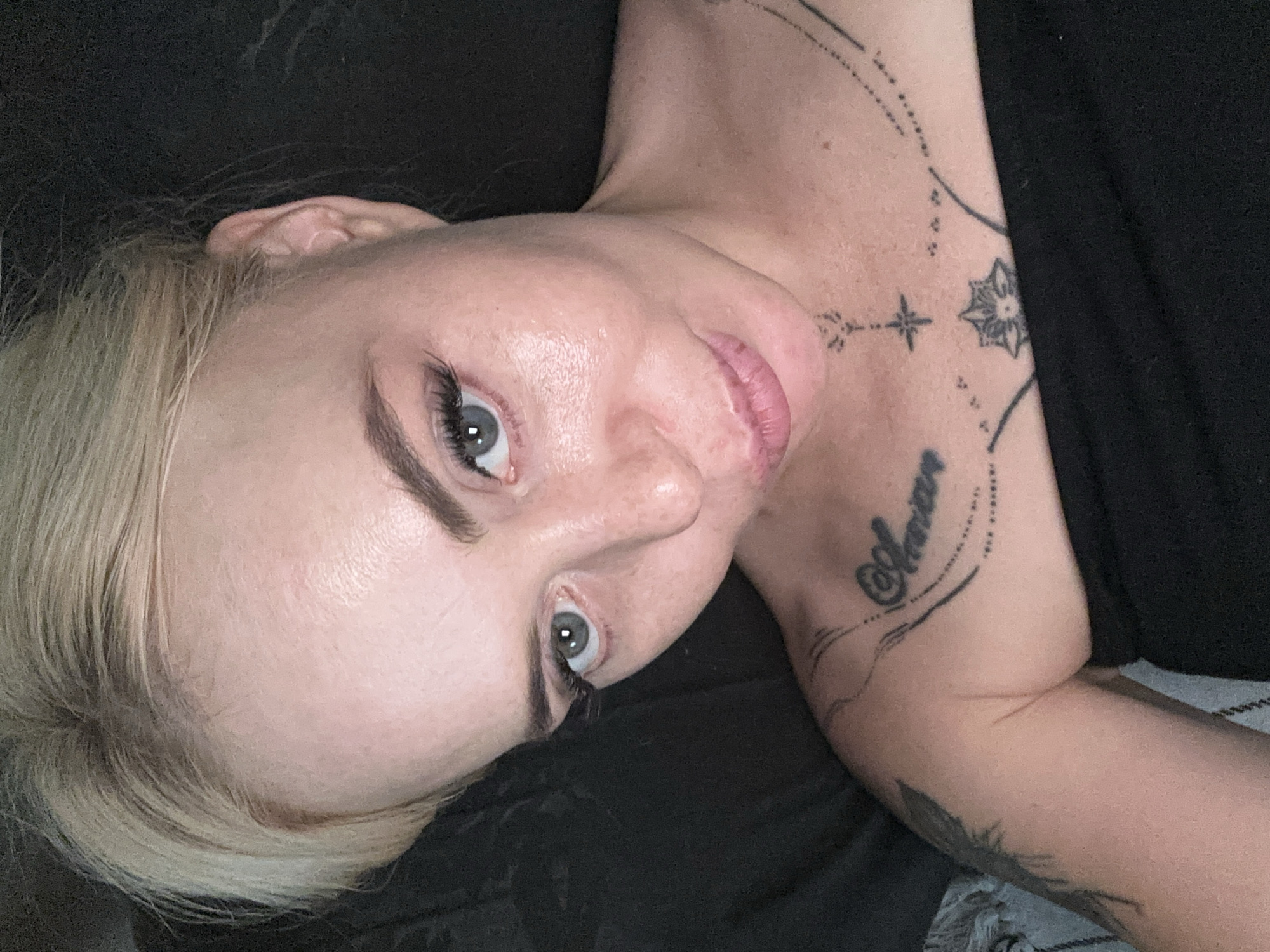 Blonde woman photographed in multiple close-up shots indoors