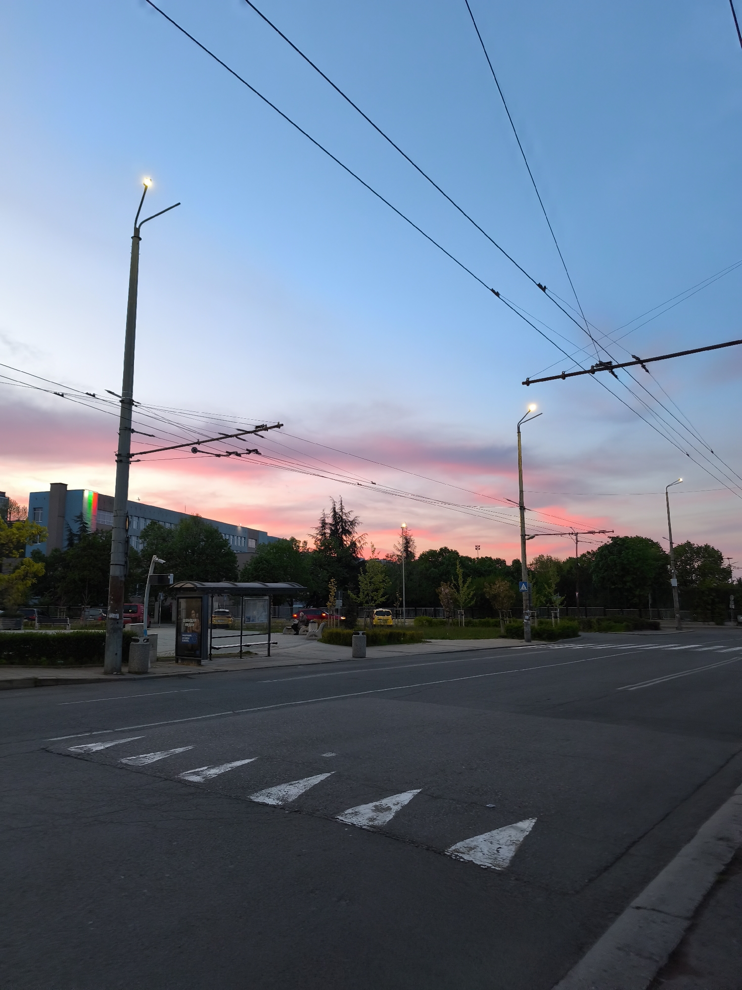 Colorful sunset observed on Burgas street at dusk