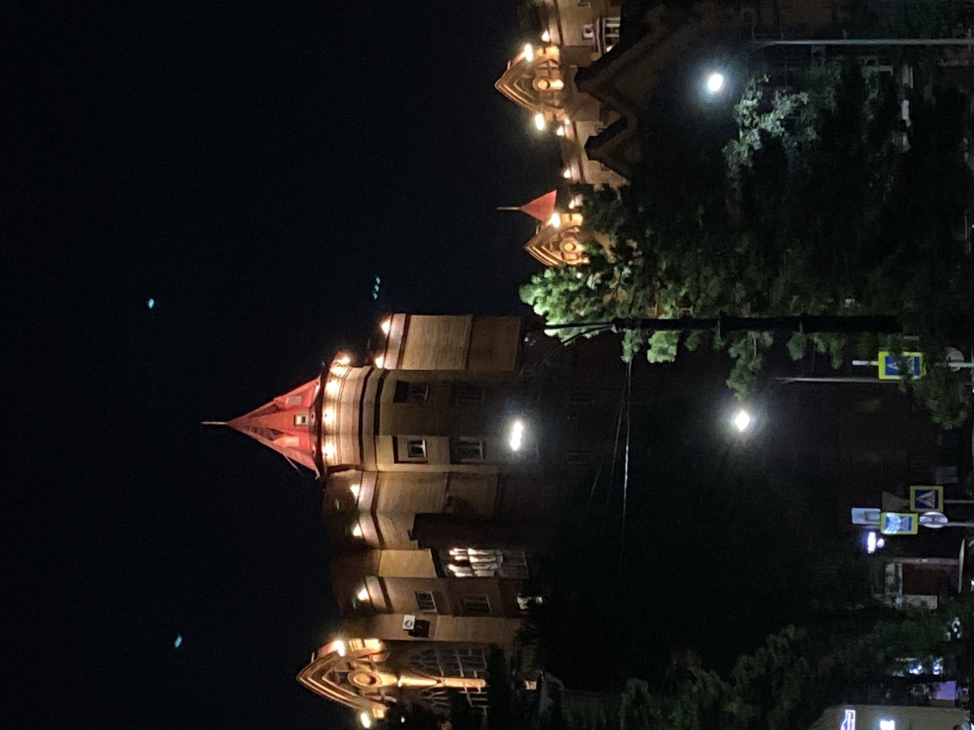 Blagoveshchensk embankment lit up along the Amur at night