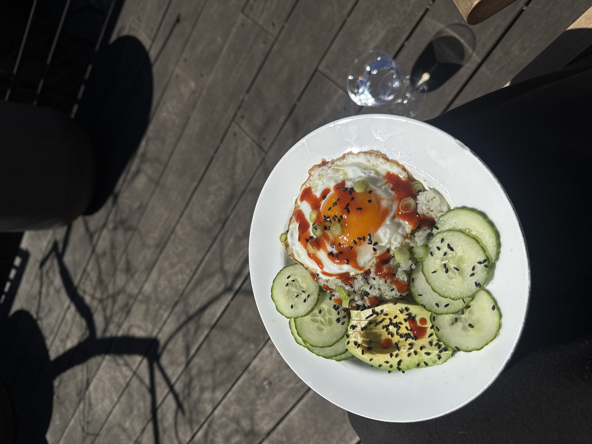 Rice bowls with fried eggs photographed in New York