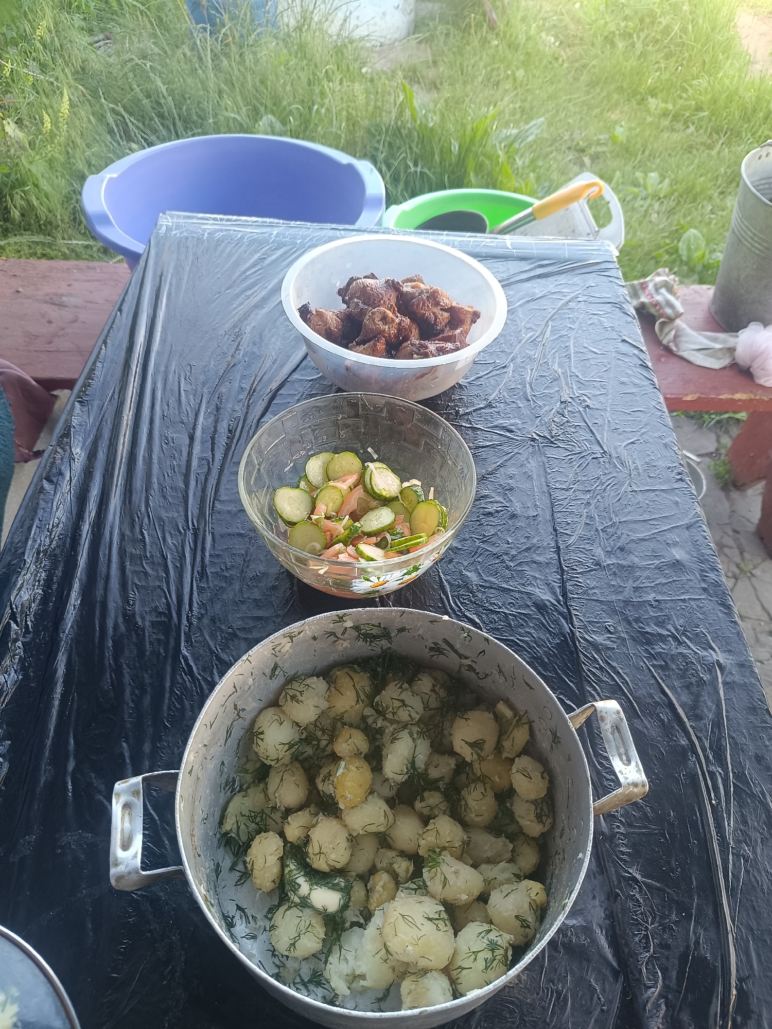 Outdoor meal setup with boiled potatoes in Stanislavka
