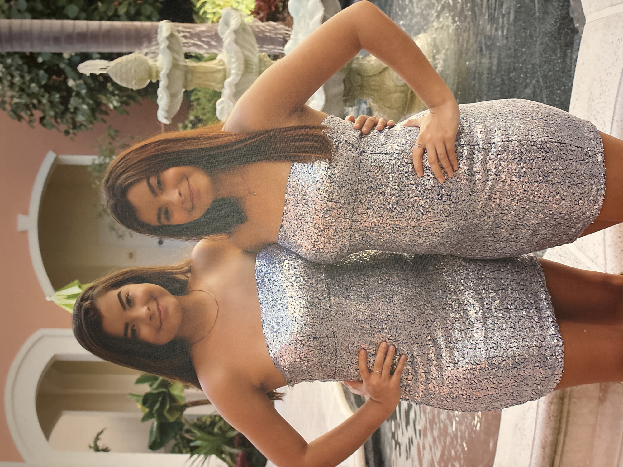 Matching silver dresses, fountain backdrop, Bradenton