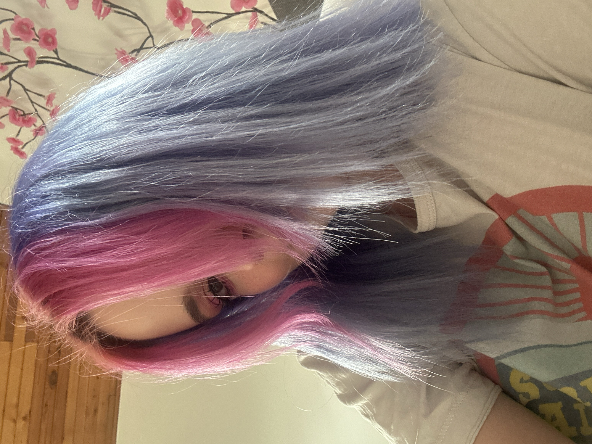 Person with pink-blue hair photographed in Zagreb