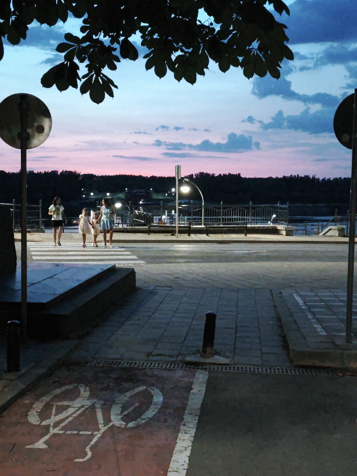 Dusk along a river: a docked cruise ship and blooming waterfront