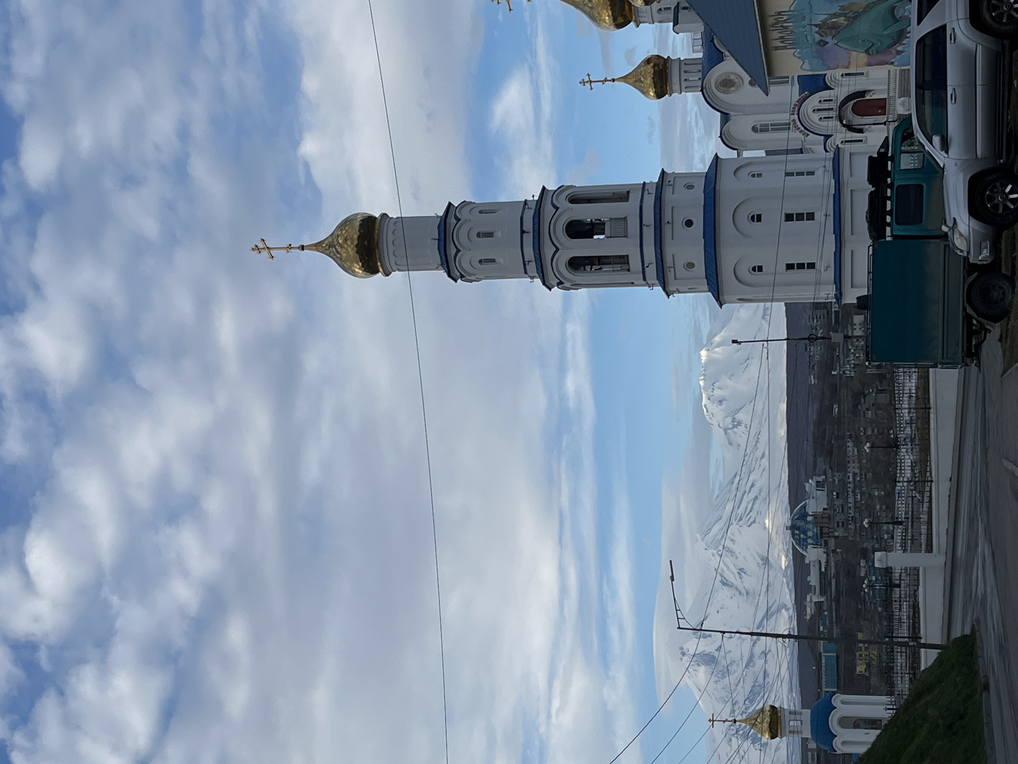 Morning street life documented around Orthodox cathedral in Kamchatka