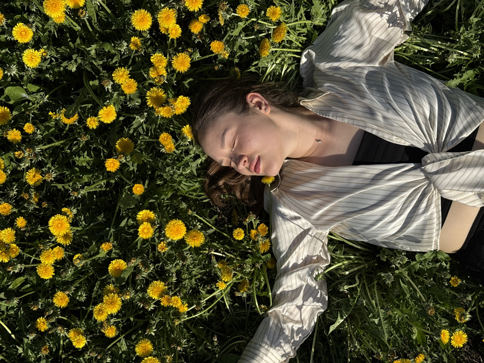 Woman rests in dandelion field, meal documented in Chaikovsky