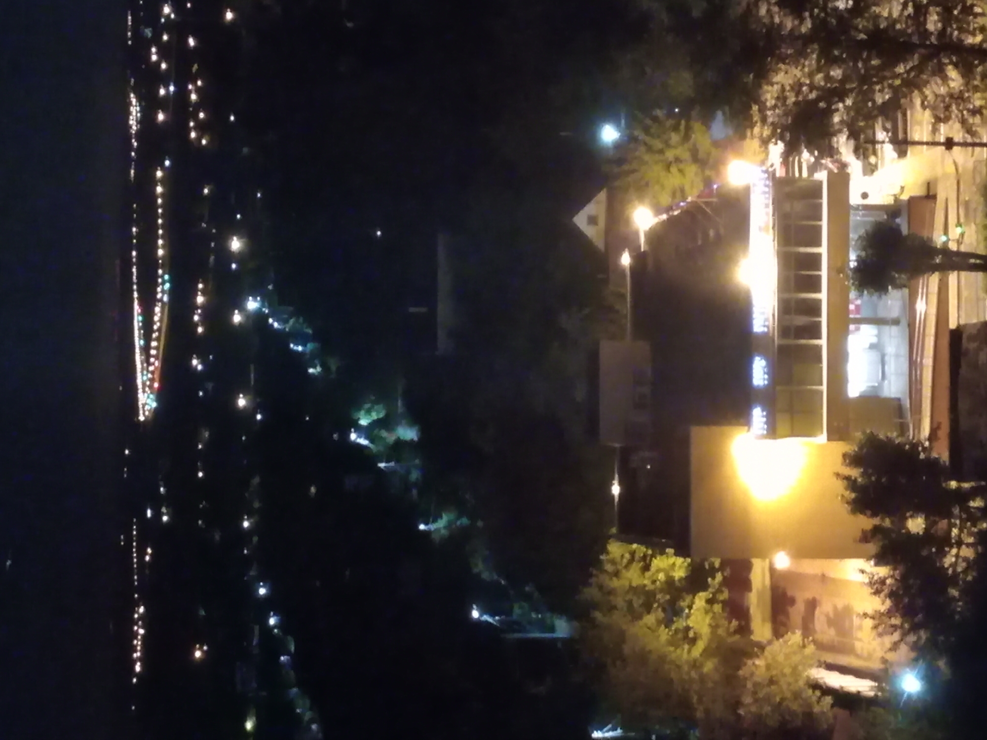 Lit storefront building at night, trees in foreground