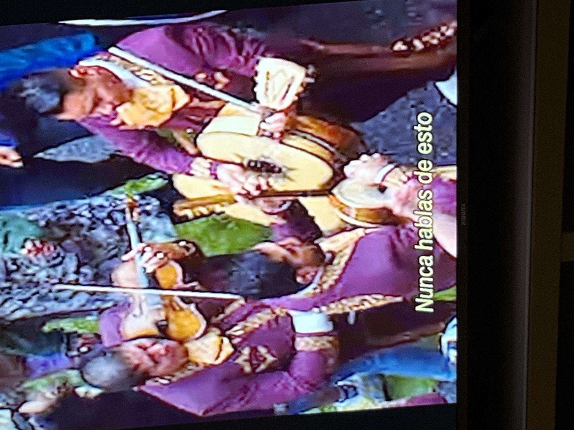 Mariachi band performs in traditional purple suits in Madrid