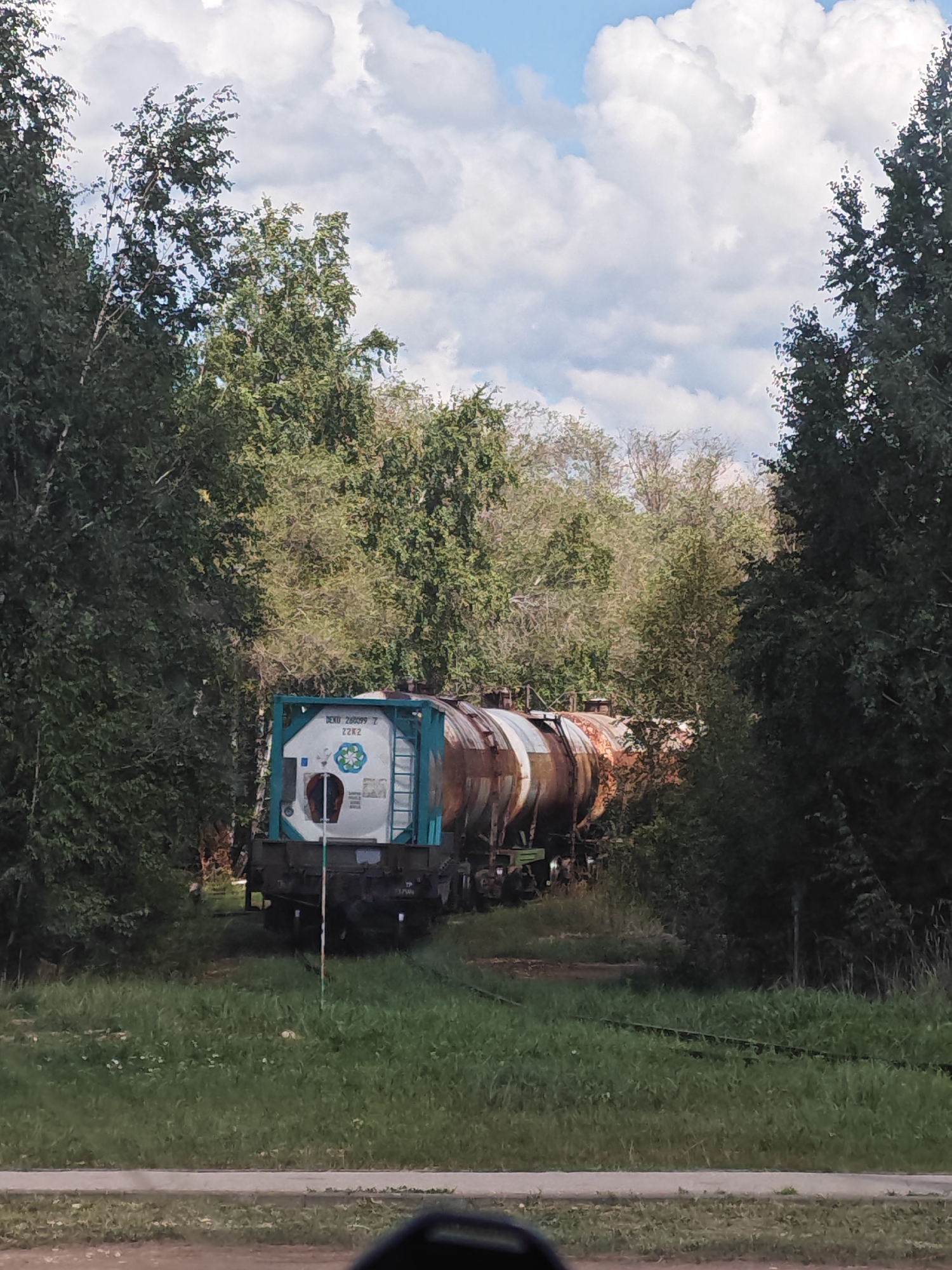 Weathered tank cars sit half-hidden by overgrowth in Chapaevsk