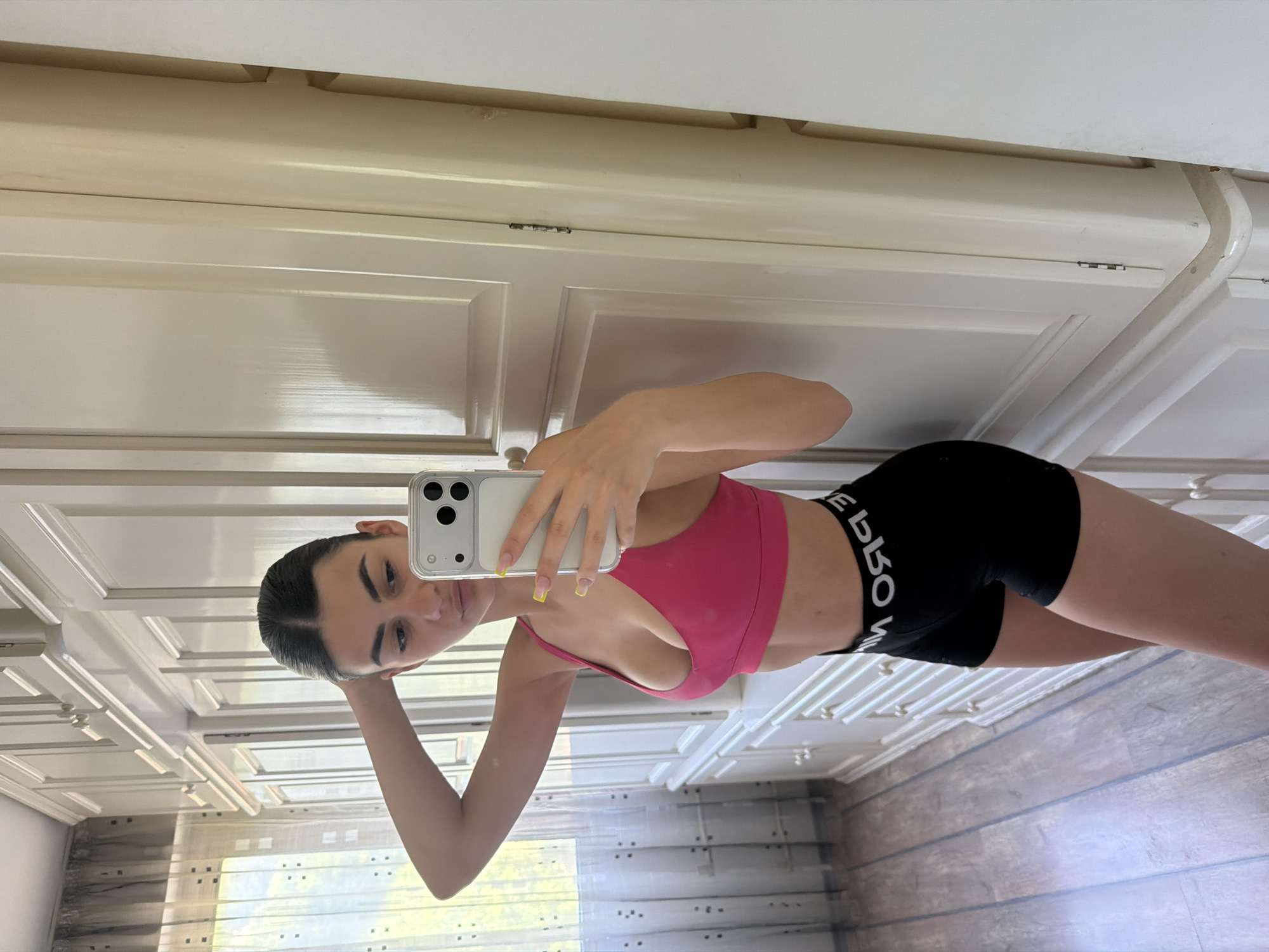 Woman takes morning workout selfies in Gabrovo, Bulgaria