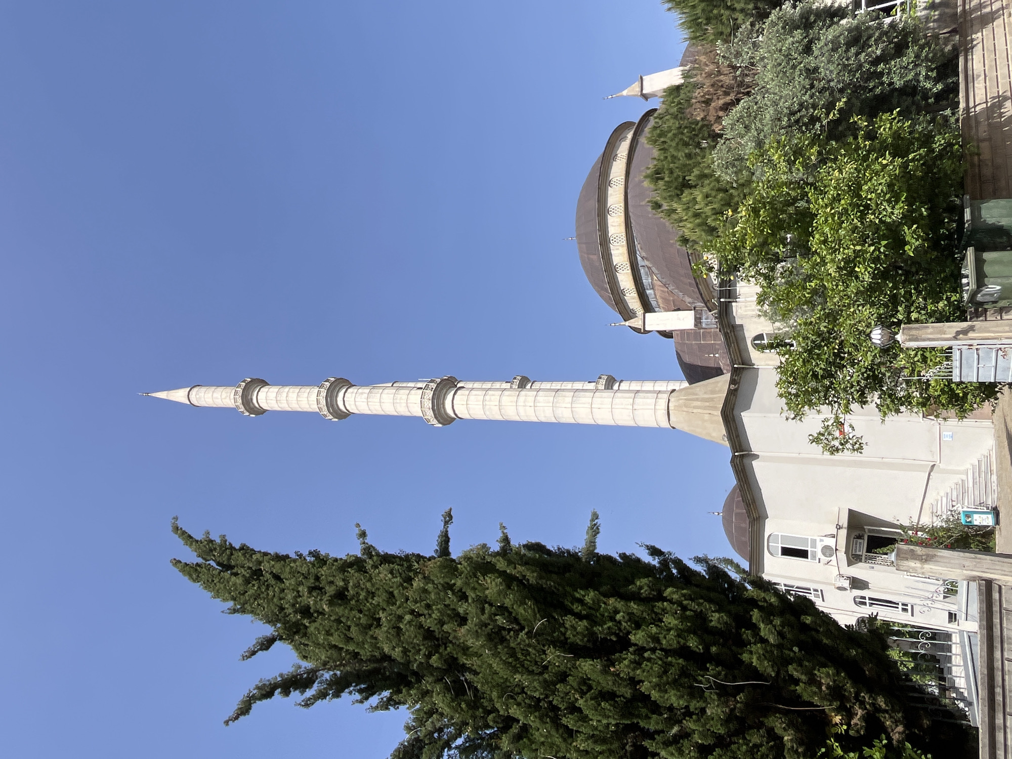 Mosque minaret photographed in clear skies over Alanya, Turkey