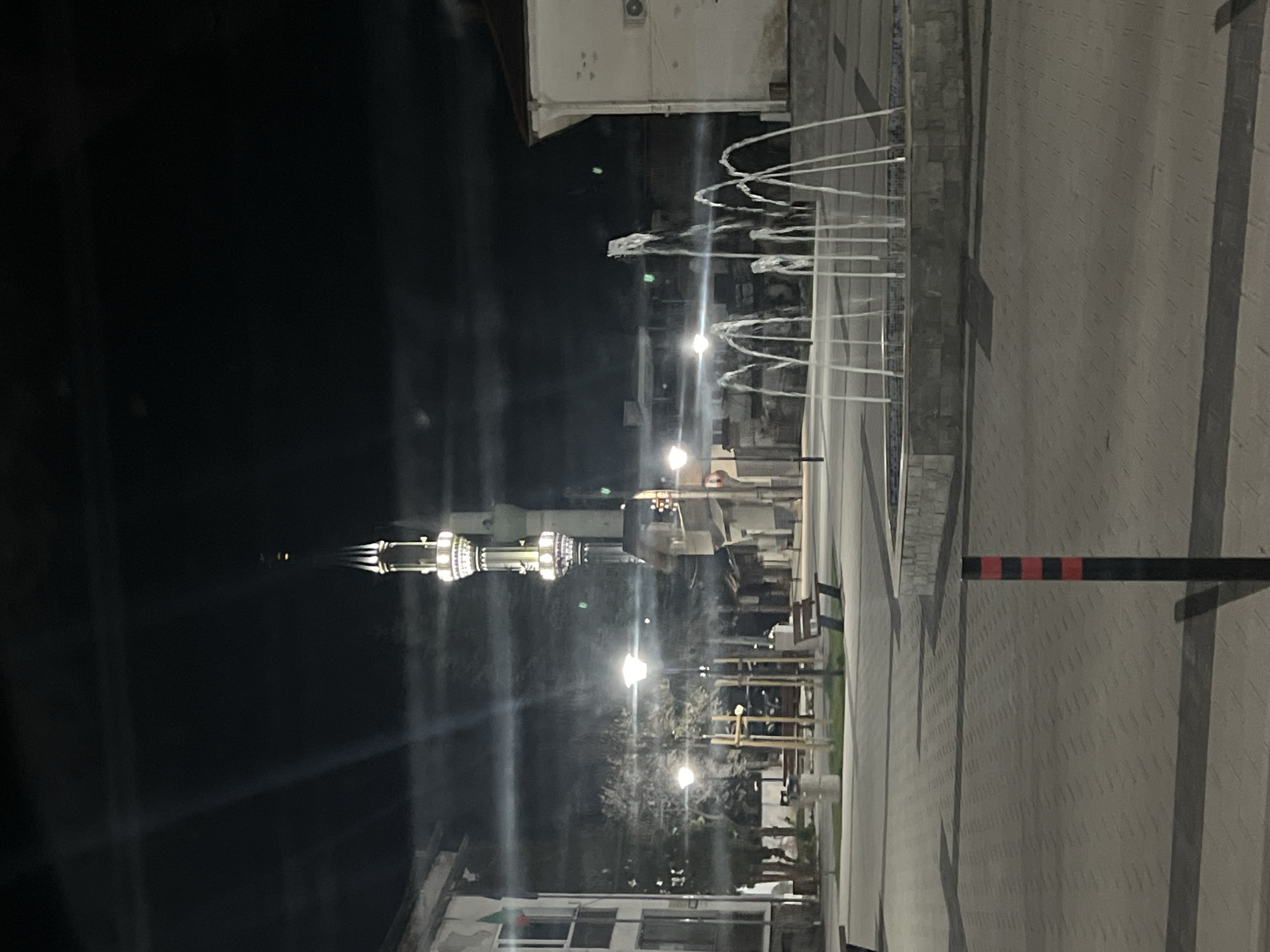 Illuminated mosque and fountain captured at night in Kornitsa