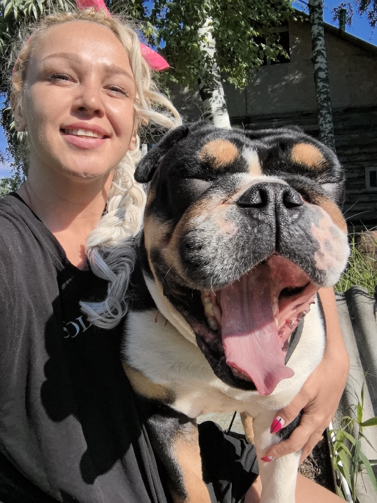 Outdoor selfie session with an English bulldog in Noviy, Russia