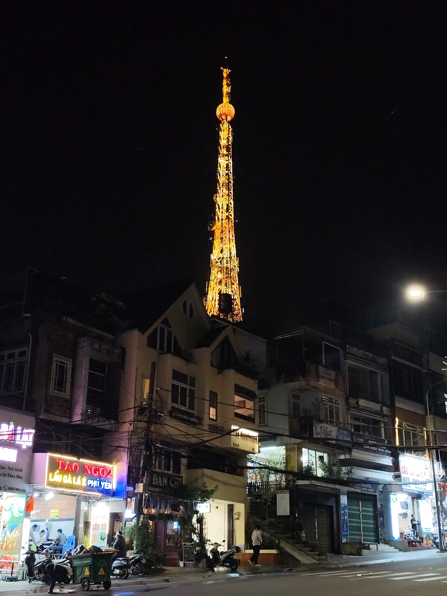 Illuminated tower documented in Da Lat Vietnam nighttime scene