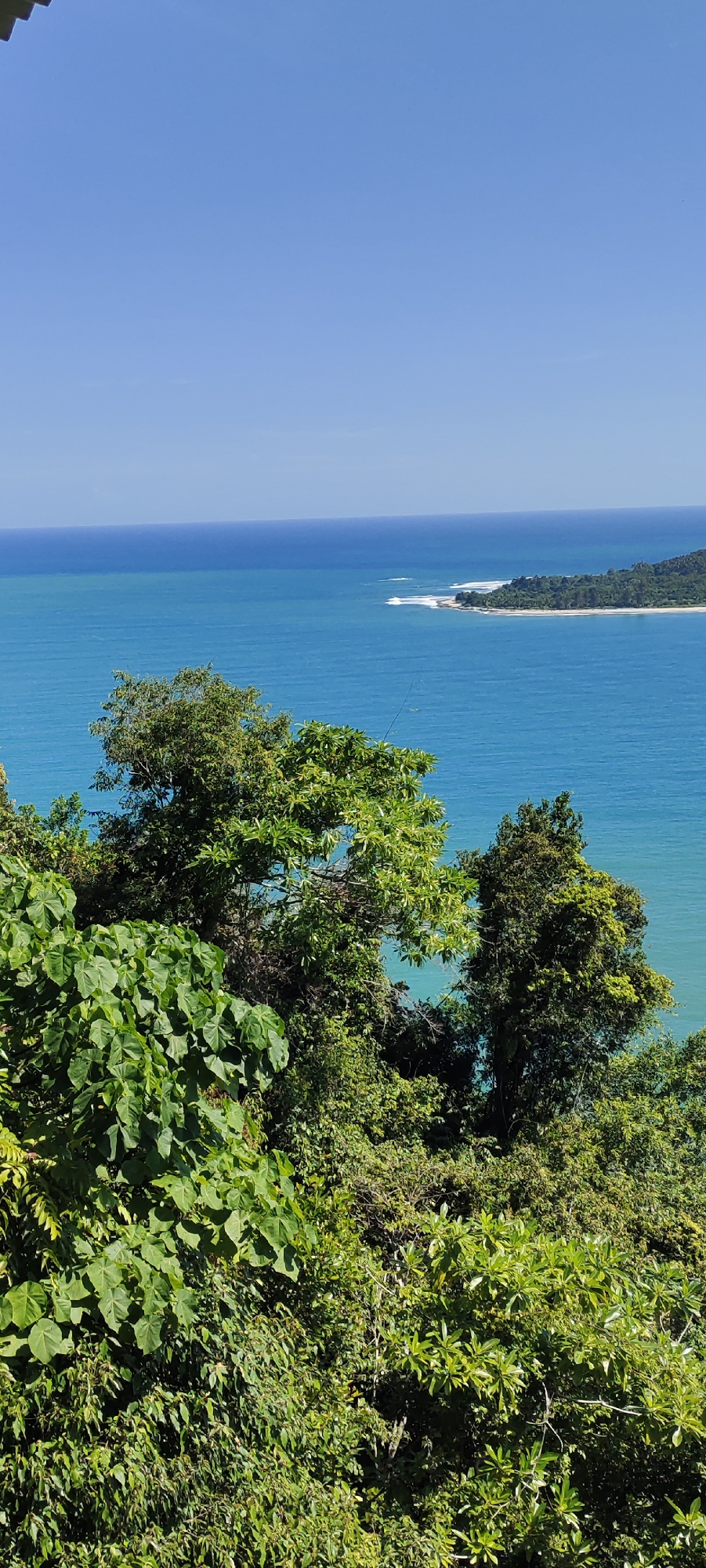 Hilltop views over a lush tropical bay in Meudheun, Indonesia