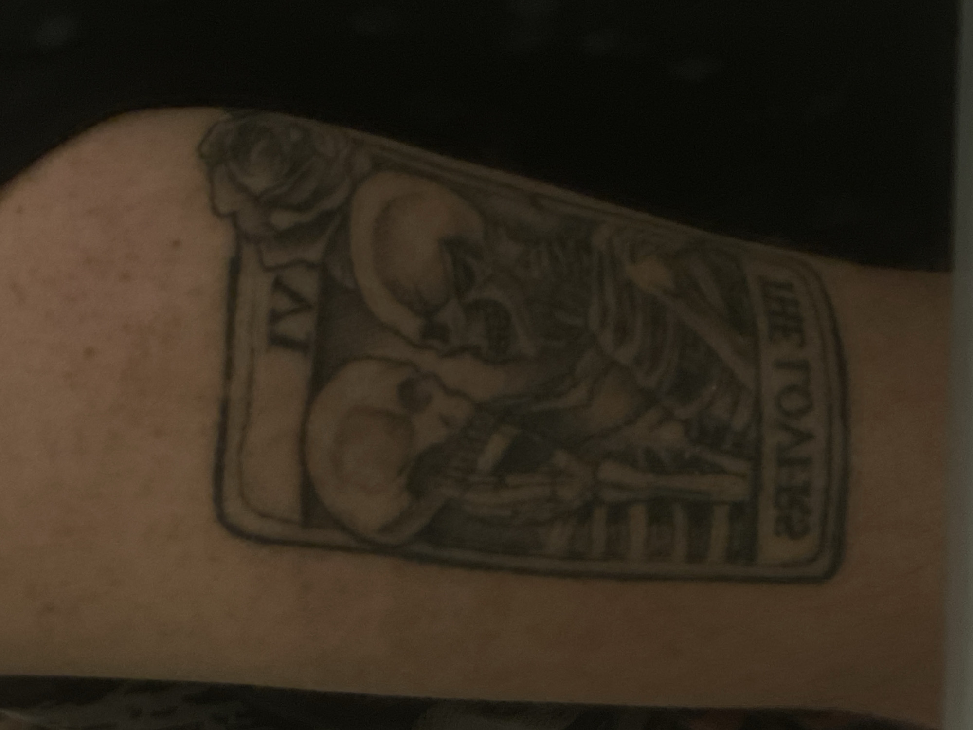 Skeletal tarot tattoo documented on forearm in Elena, Bulgaria