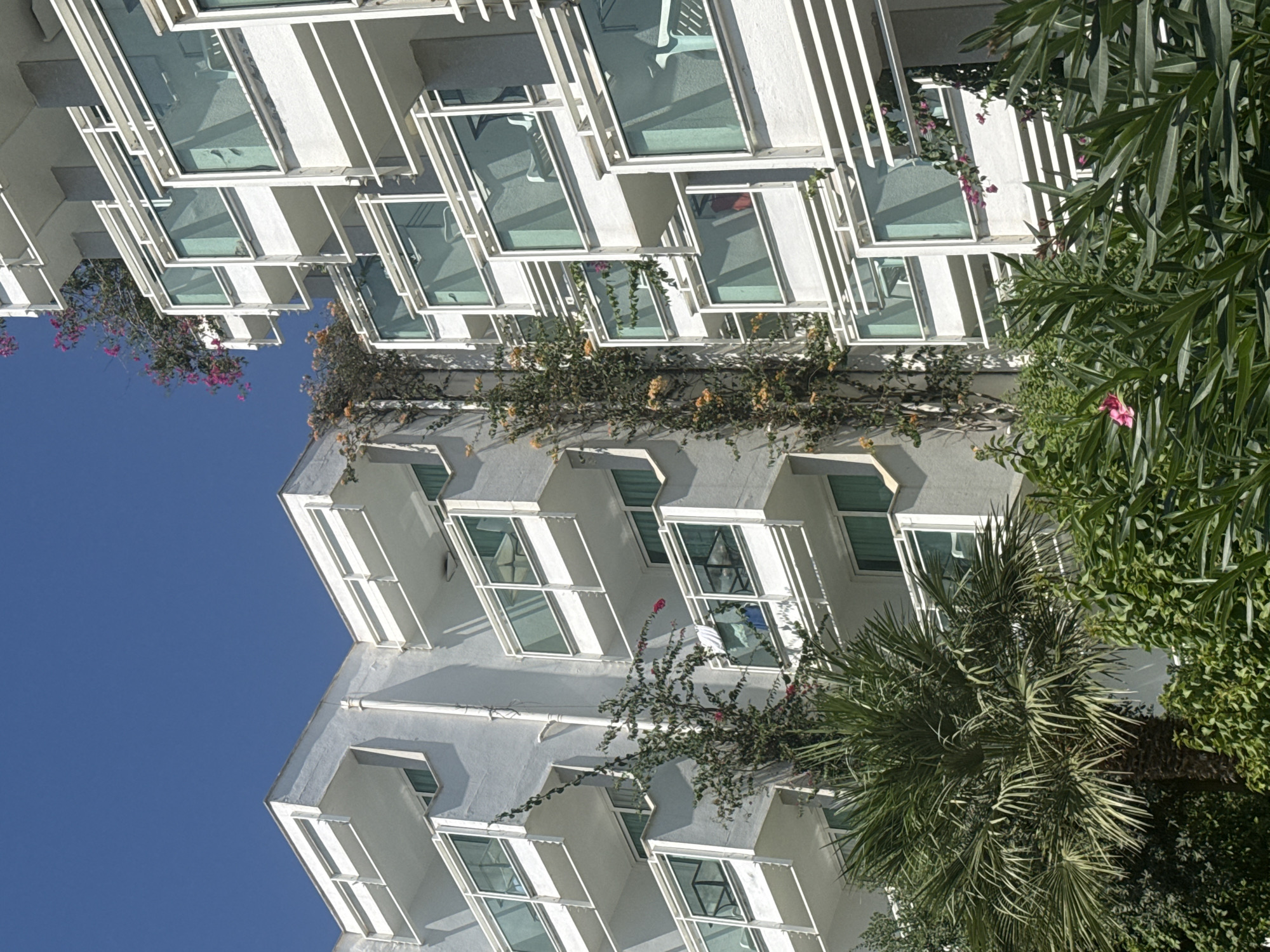White apartment complex in Bodrum draped in bougainvillea