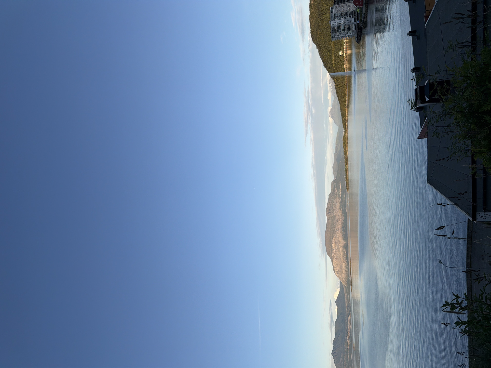 Harstad fjord views through rooftops and shoreline vegetation