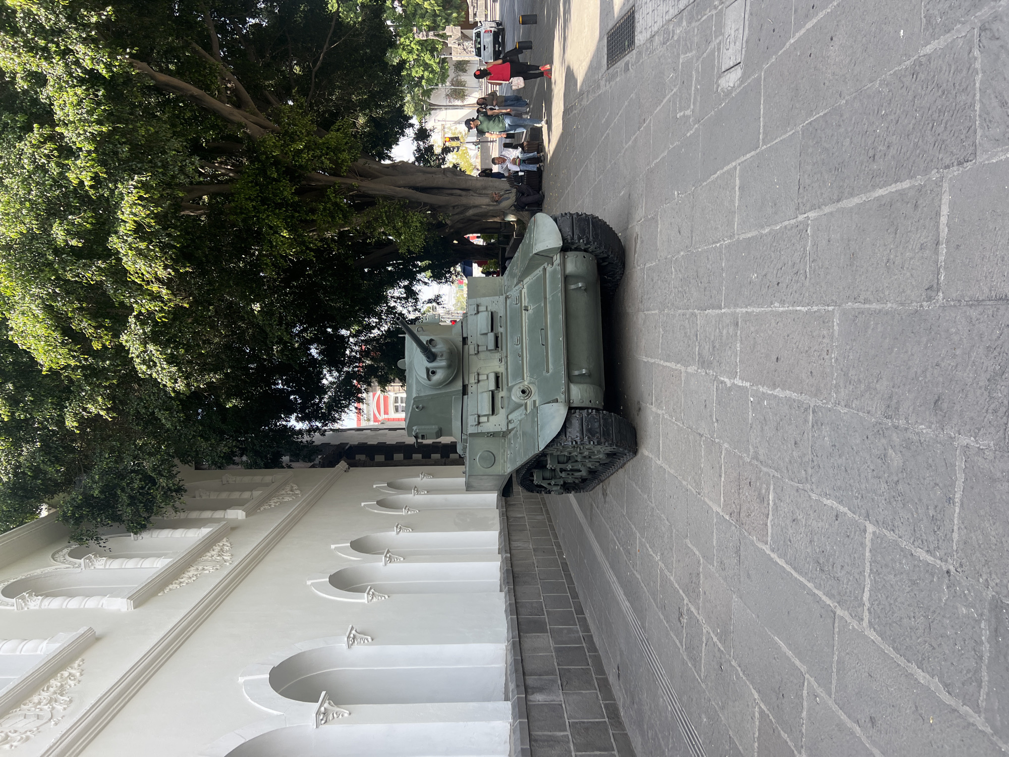 WWII tank spotted on stone street in Puebla, Mexico