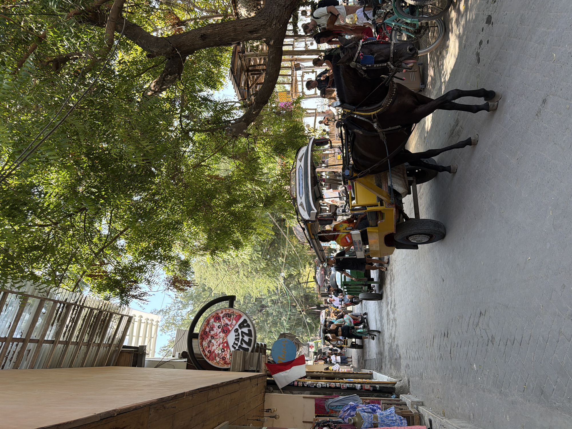 Morning scenes from Gili Trawangan's beaches, carriages, and cafes