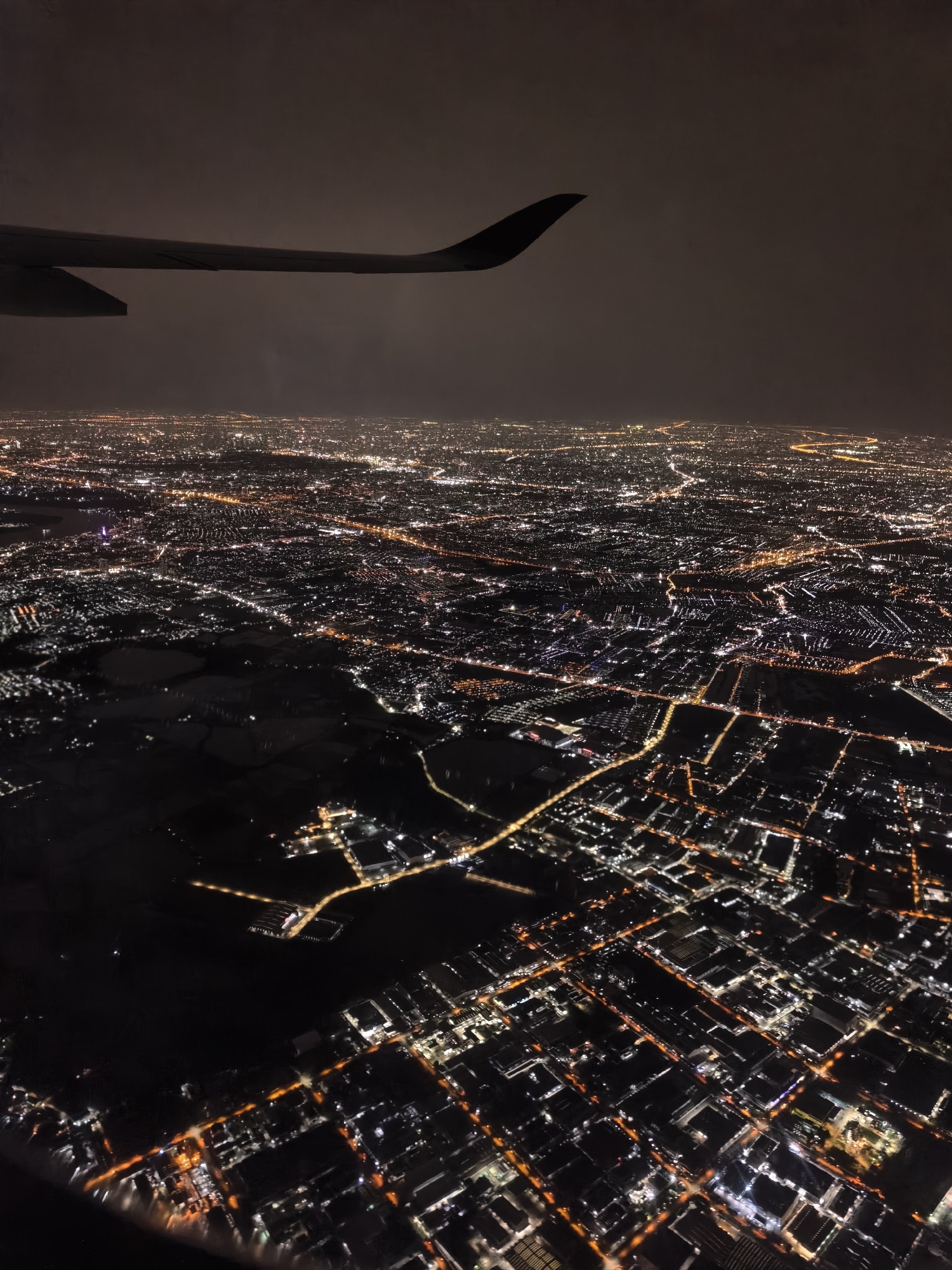 City lights sprawl endlessly below a late-night flight