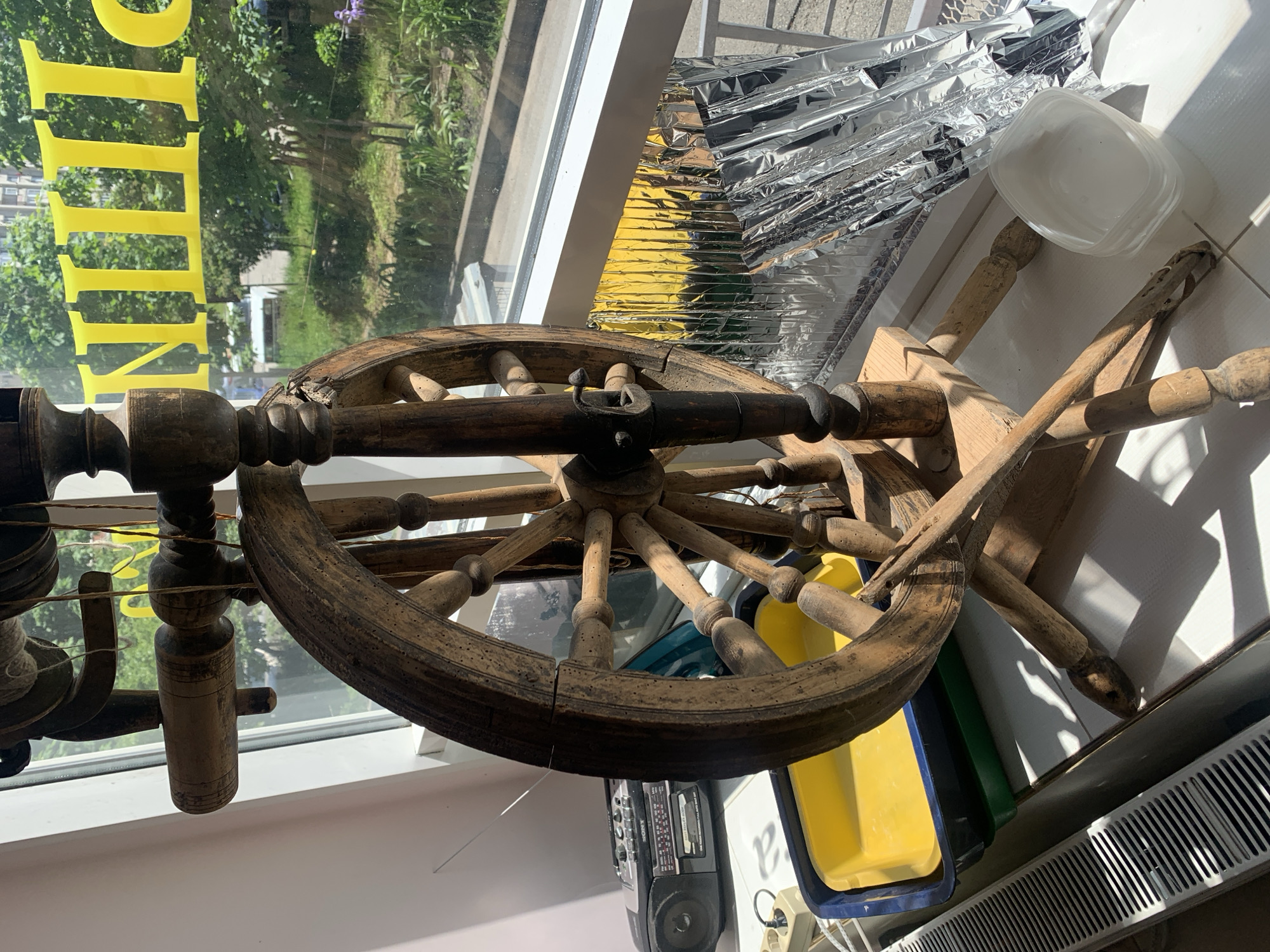 Antique spinning wheel spotted indoors in Stavropol, Russia
