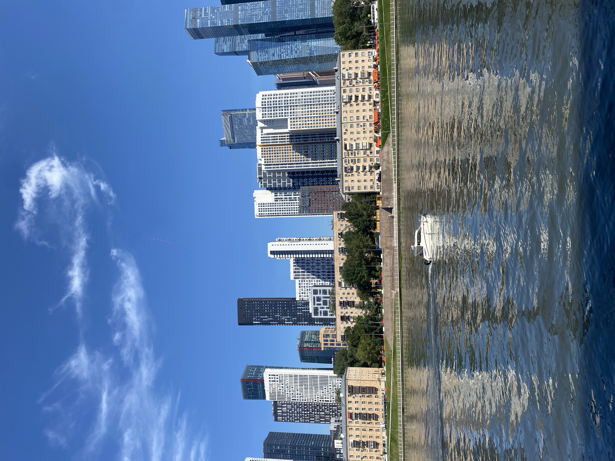 Riverside city scene: skyline, boats, and a roaming tortoise