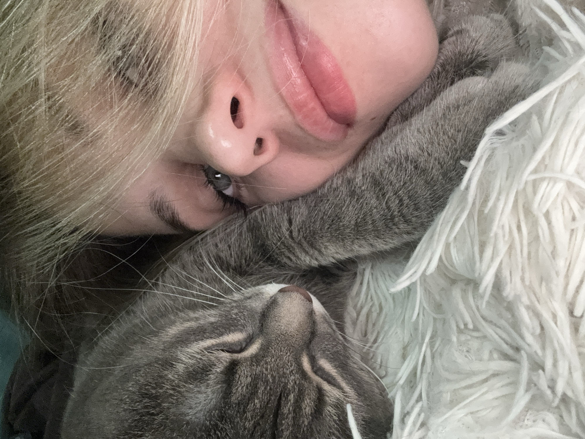 Woman shares quiet moment with grey cat in Chaikovsky